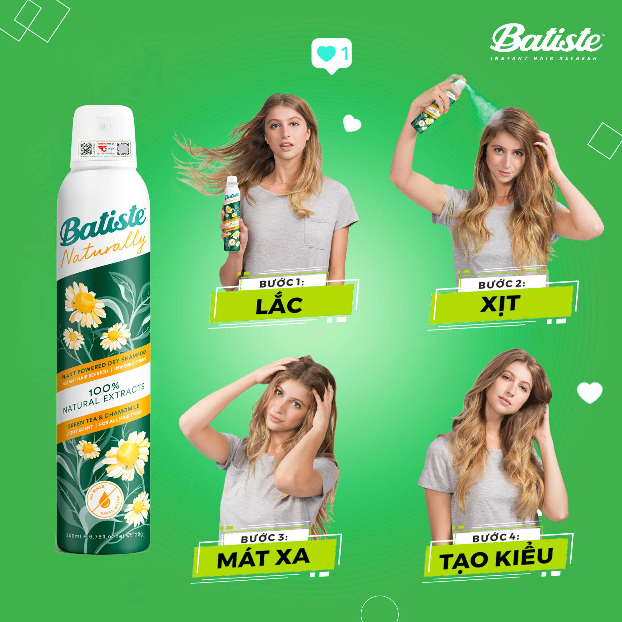 Mô tả 2 Chai Dầu Gội Khô Batiste 100% Naturally Tinh Chất Thiên Nhiên Giúp Tóc Hết Bết Dính, Tươi Mới 200ml - 2