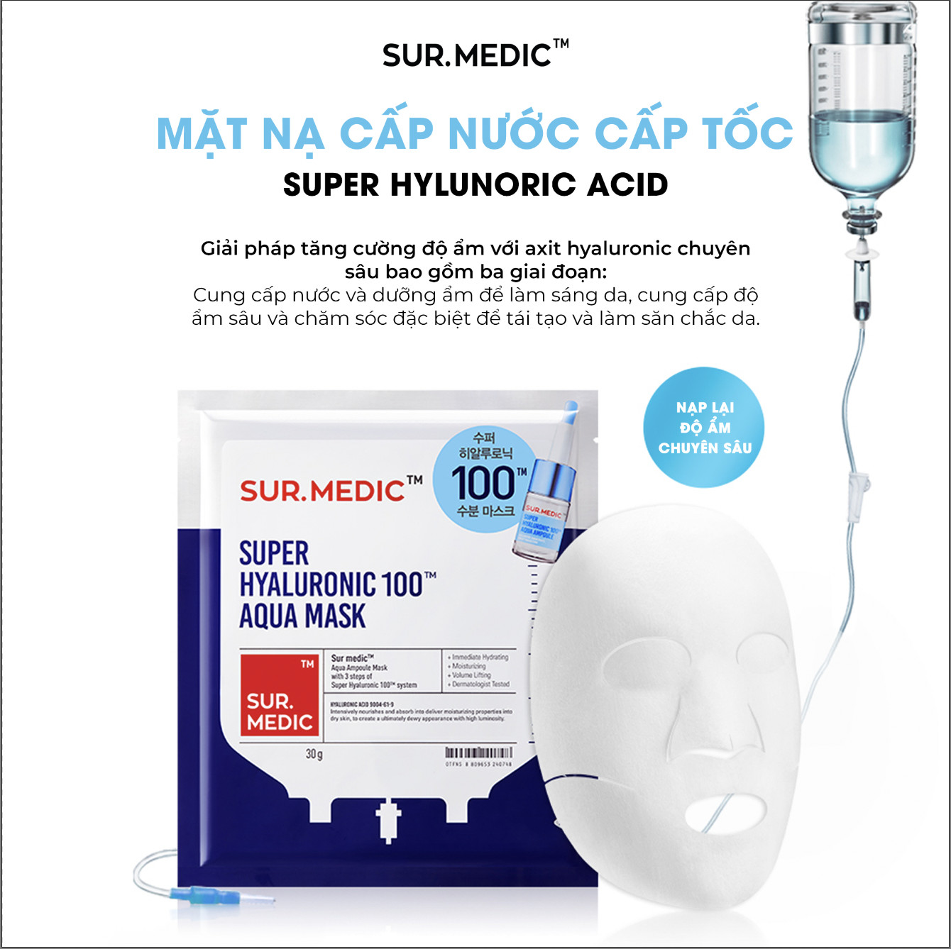Combo 10 Mặt Nạ Hỗ Trợ Cấp Nước Sur.Medic Super Hyaluronic 100TM Aqua Mask  30g