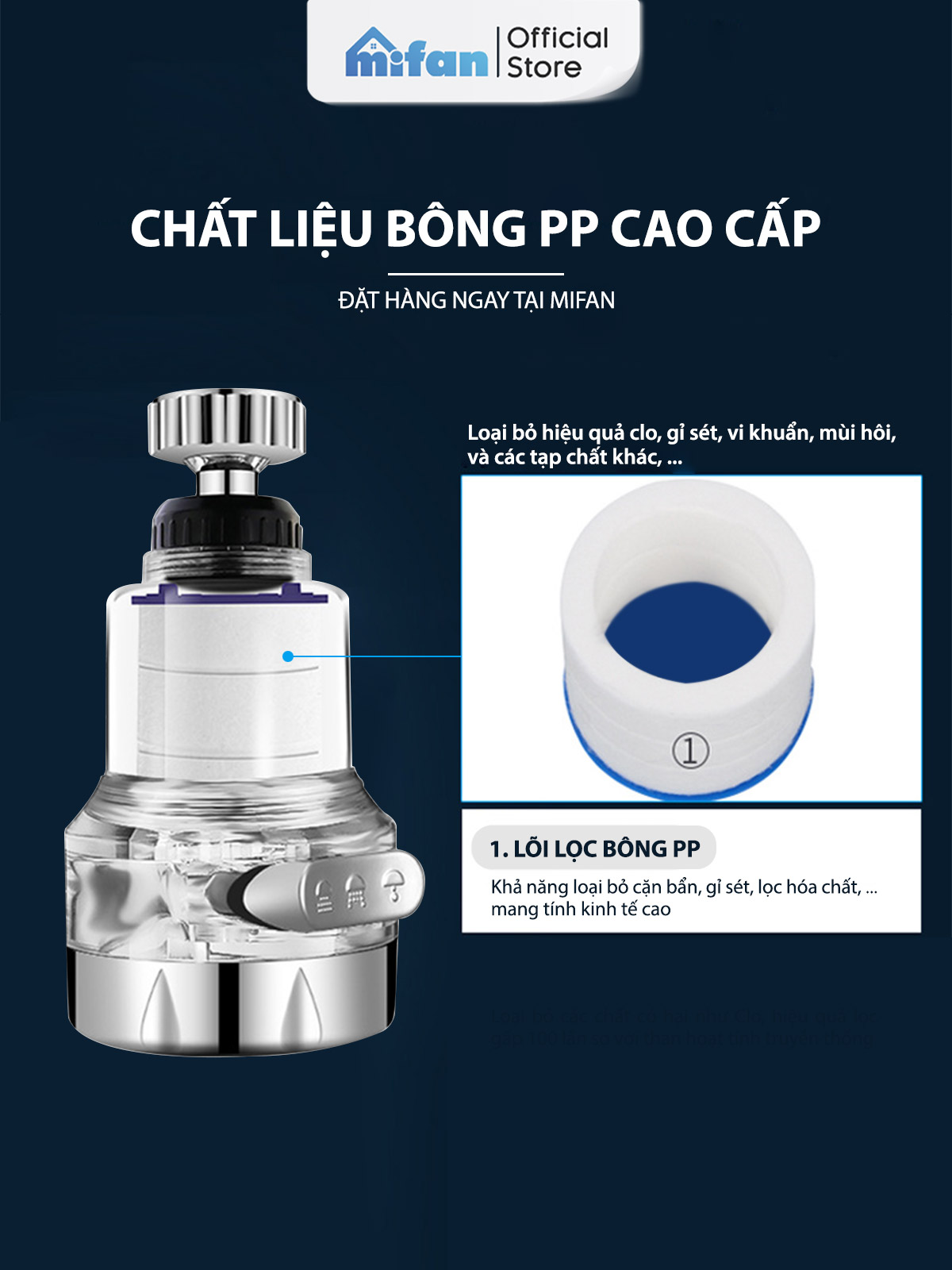 Mô tả Đầu vòi rửa bát tăng áp lọc nước 3 chế độ phun Mifan - Lõi PP loại bỏ cặn bẩn, clo, màu và mùi, cổ xoay 360 bồn rửa chén - 7