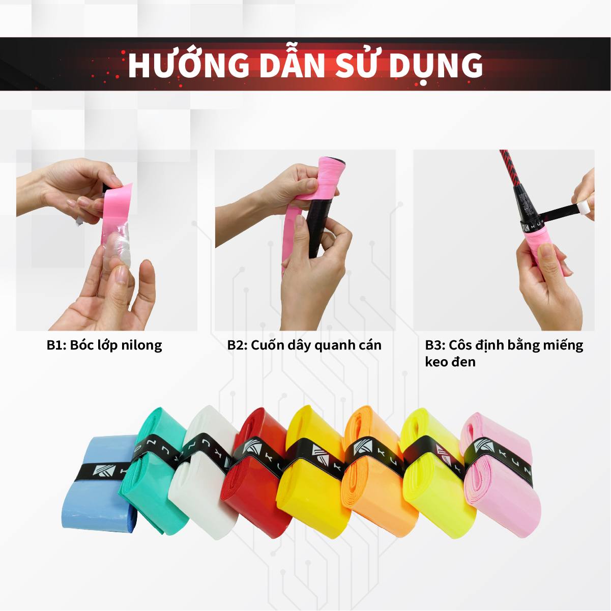 Mô tả Quấn Cán Vợt Cầu Lông KUNO, Bề Mặn Mịn, Mỏng, Bám Tay Và Cảm Vợt Tốt, Chống Trơn Trợt QC05 - 3