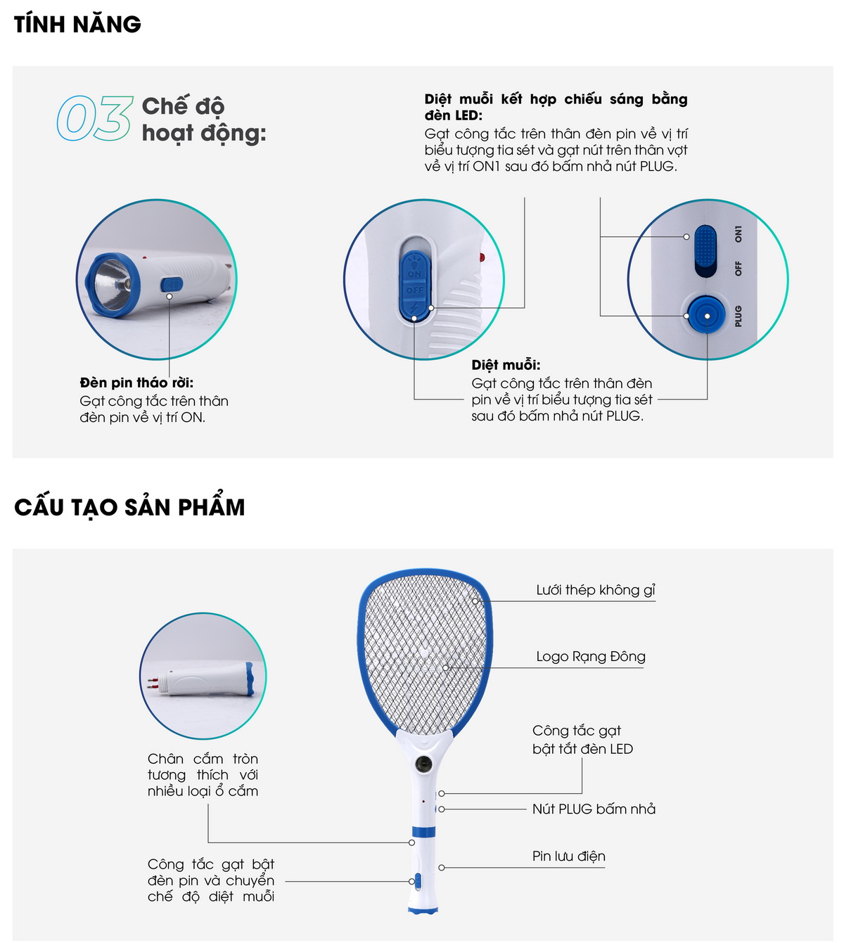 Mô tả Vợt Muỗi Kết Hợp Đèn Pin Tháo Rời Chính Hãng Rạng Đông - Pin Siêu Trâu (Model: VBM RD.02/ VBM RD.03) - 2