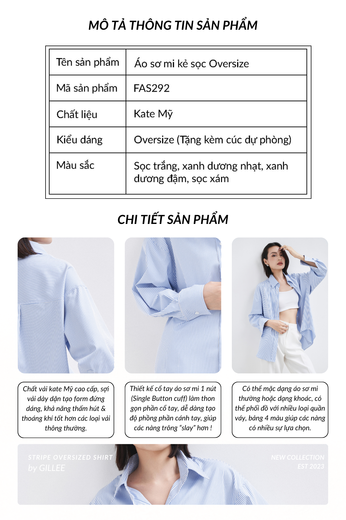 Áo sơ mi GILLEE chất liệu Kate Mỹ