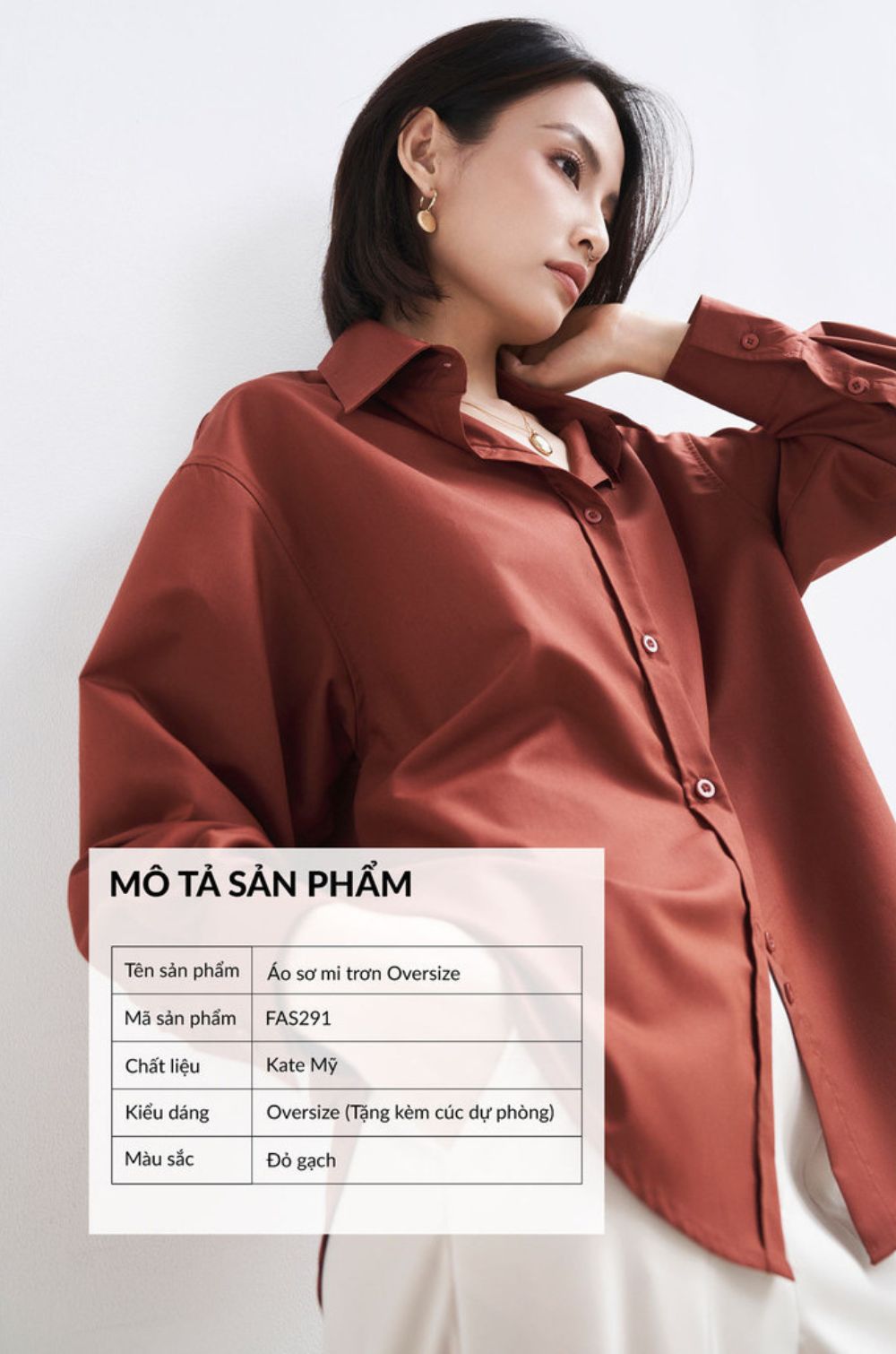 Mô tả Áo sơ mi nữ GILLEE dáng oversized, sơ mi trơn tay dài vải kate Mỹ màu đỏ gạch sang trọng quý phái FAS291 - 1
