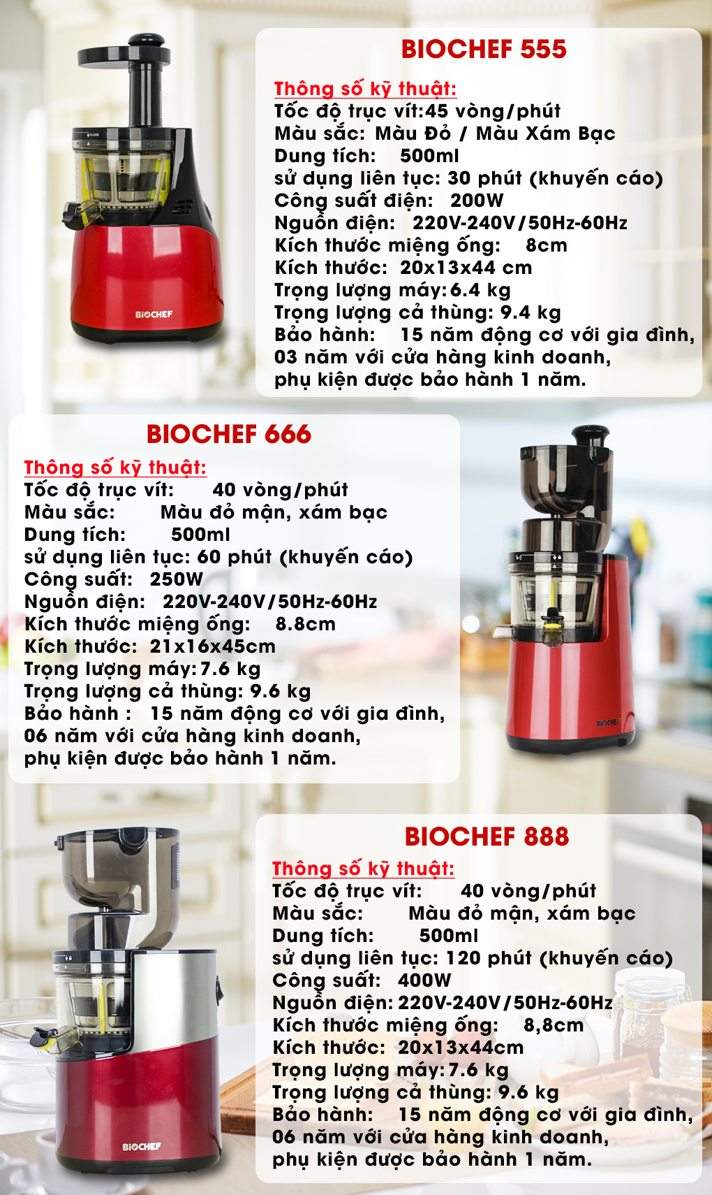 Máy ép chậm trái cây Biochef 555, Biochef 666, Biochef 888 (dùng cho ...