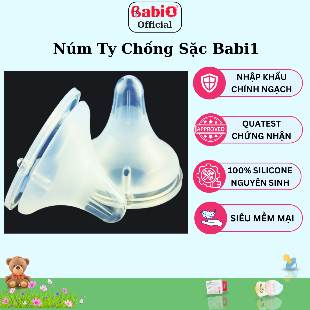 Hộp 2 Núm Ti Babi1 Silicone Y Khoa Chống Sặc Size M (Cho Bình Cổ Rộng ...