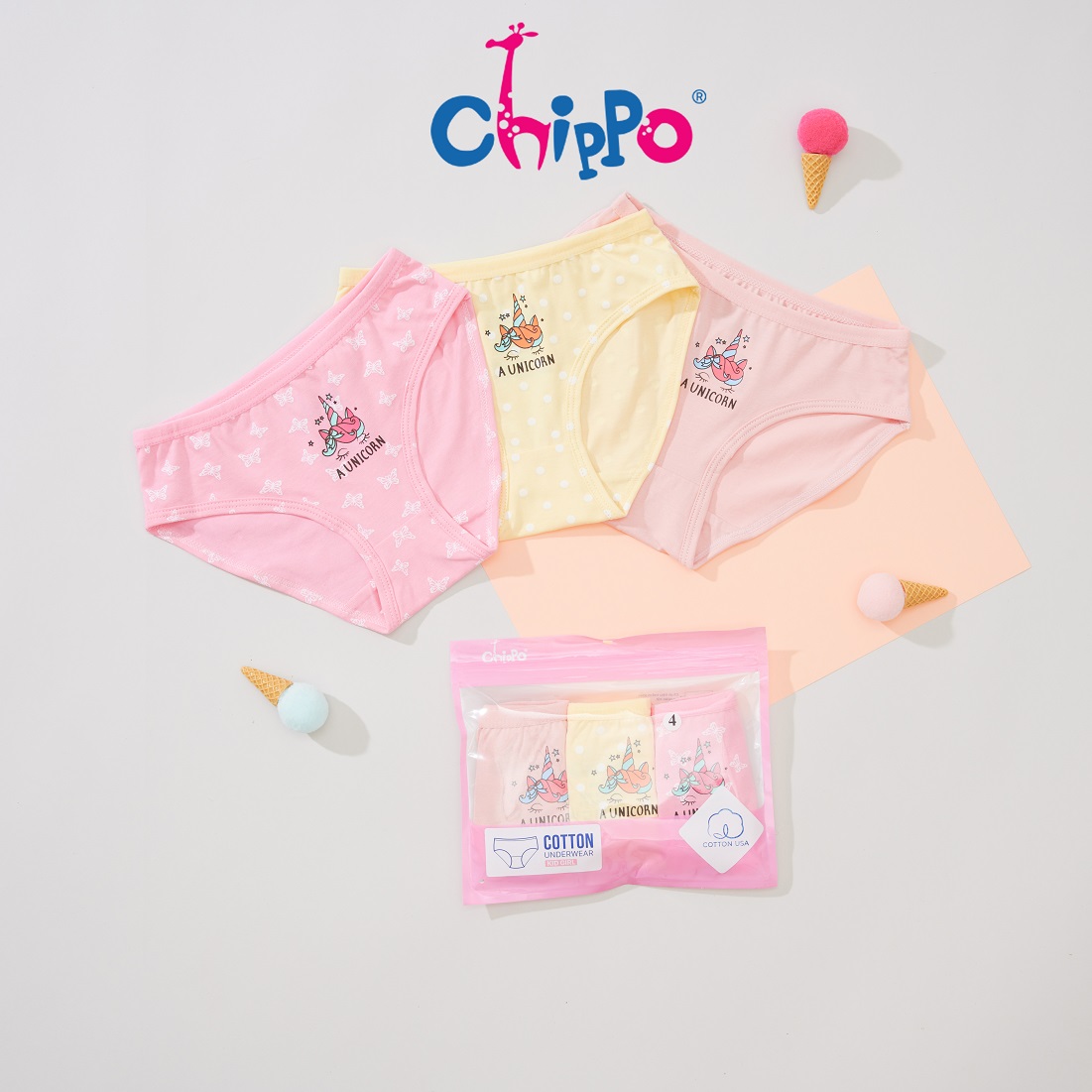 Set 3 quần chip bé gái Chippo 100% cotton Quần lót bé gái từ 10 đến ...