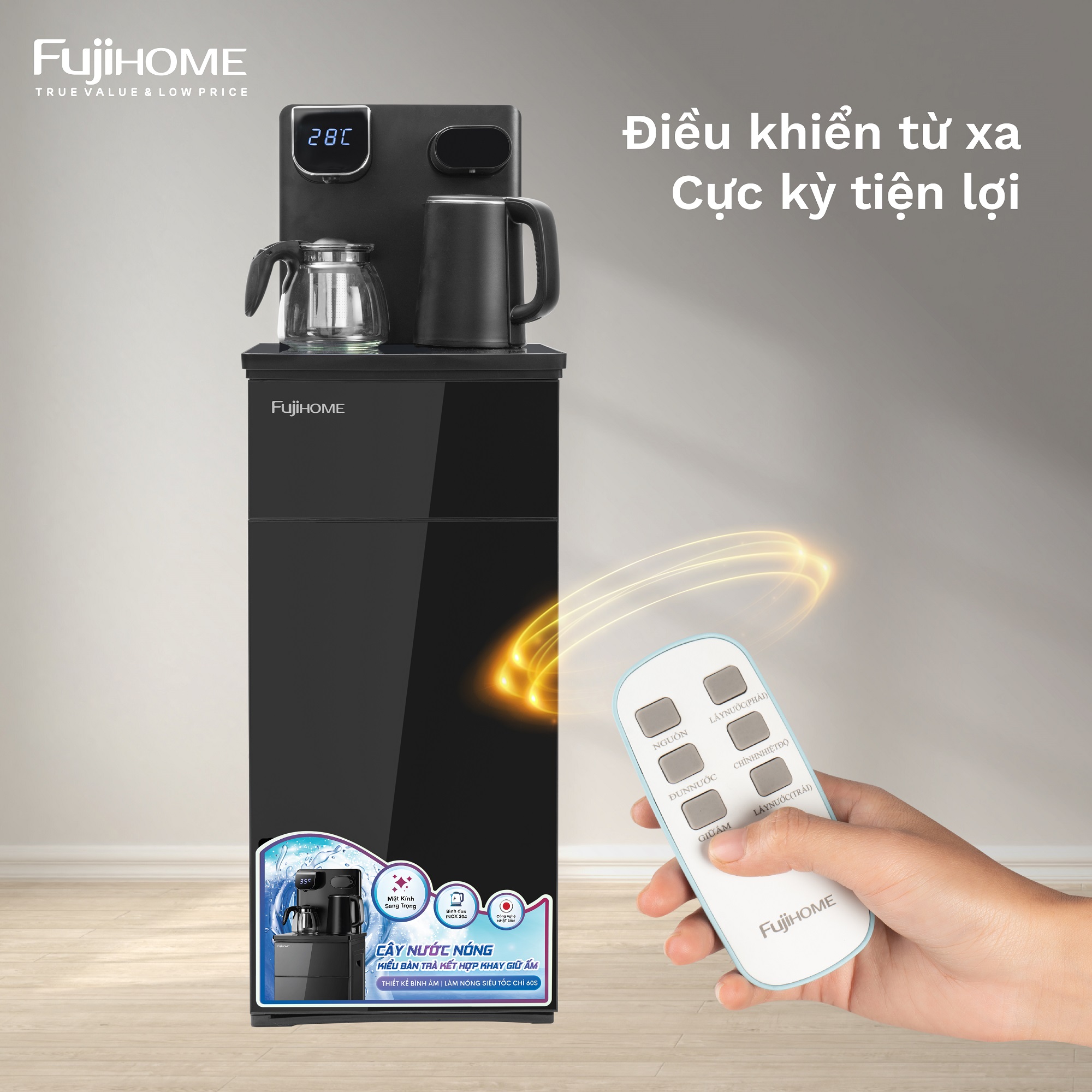 Mô tả Máy nước nóng bàn trà FUJIHOME TB110E-H Điều khiển từ xa - Cài đặt nhiệt độ sôi -Giữ ấm 50 độ 24 giờ - 4