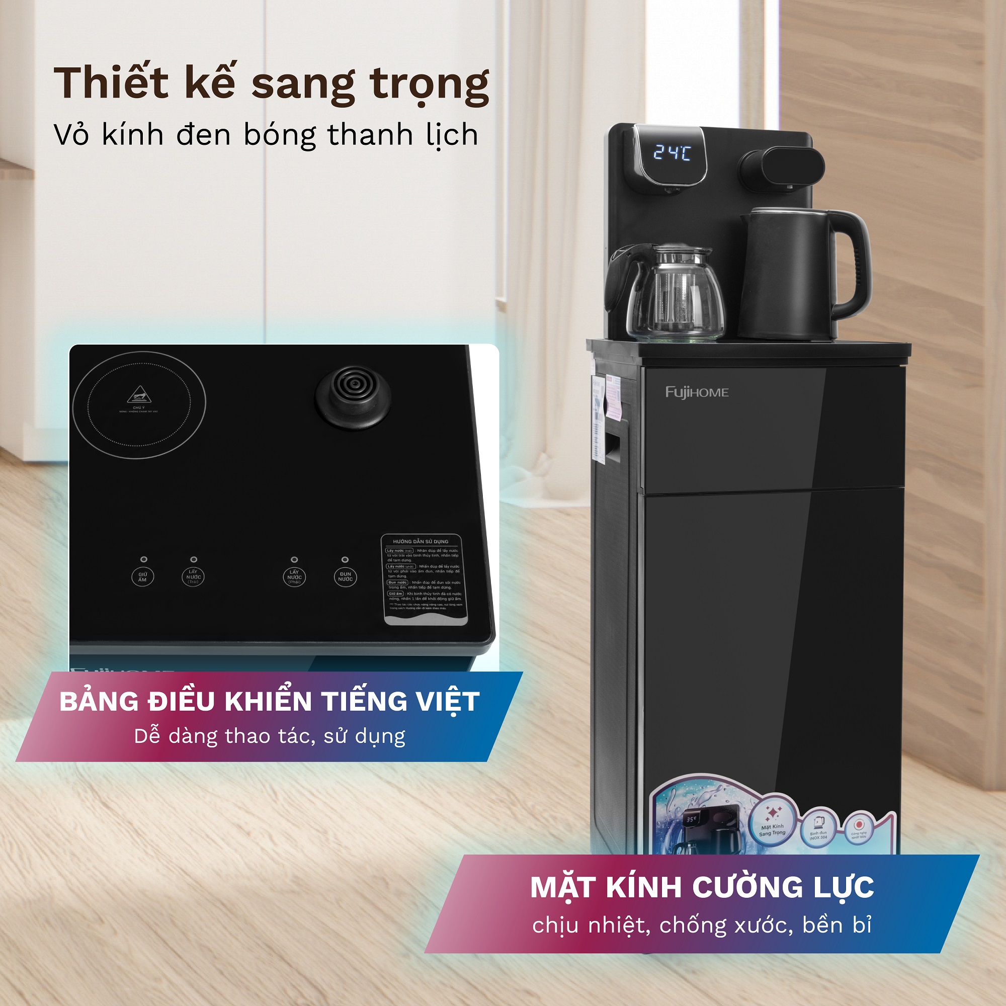 Mô tả Máy nước nóng bàn trà FUJIHOME TB110E-H Điều khiển từ xa - Cài đặt nhiệt độ sôi -Giữ ấm 50 độ 24 giờ - 8
