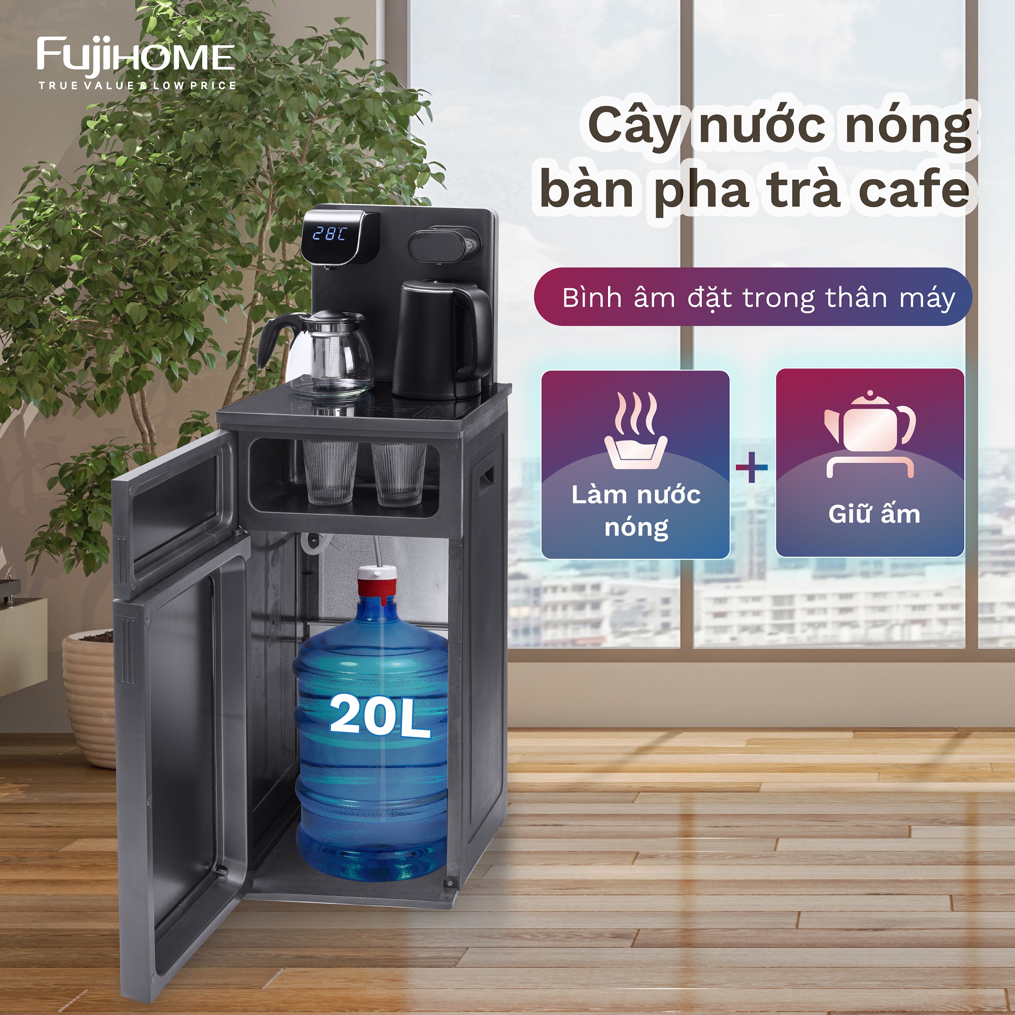 Mô tả Máy nước nóng bàn trà FUJIHOME TB110E-H Điều khiển từ xa - Cài đặt nhiệt độ sôi -Giữ ấm 50 độ 24 giờ - 10