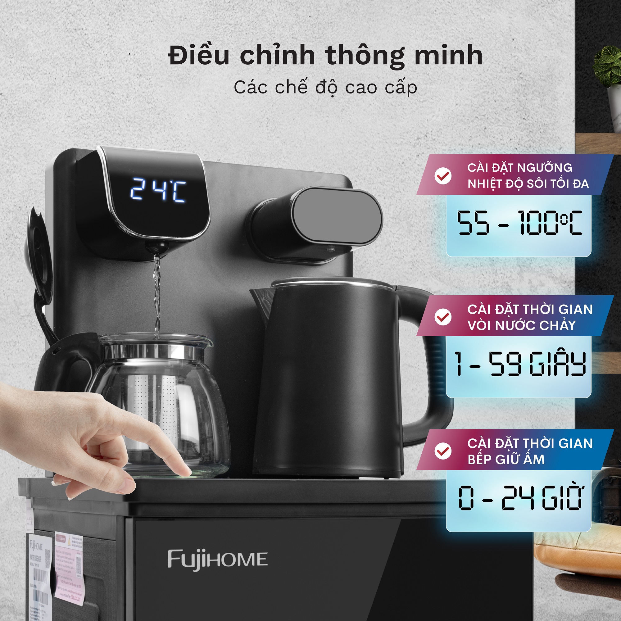 Mô tả Máy nước nóng bàn trà FUJIHOME TB110E-H Điều khiển từ xa - Cài đặt nhiệt độ sôi -Giữ ấm 50 độ 24 giờ - 11