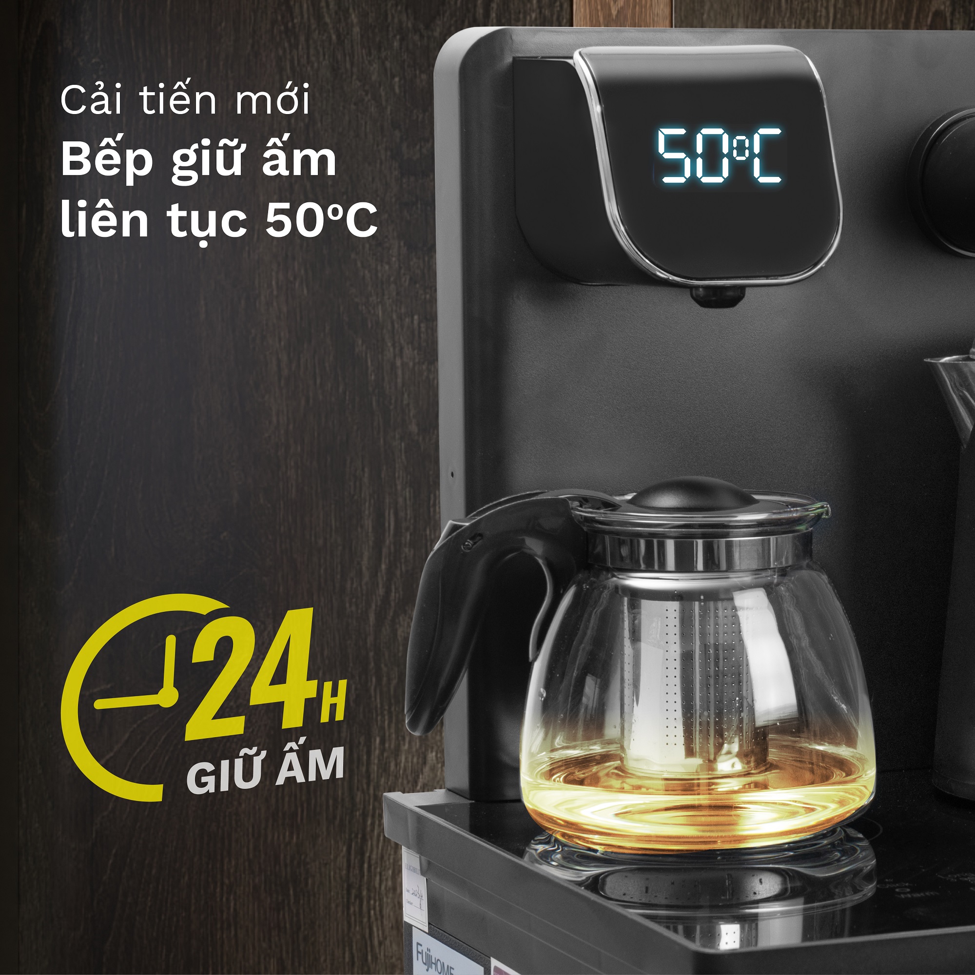 Mô tả Máy nước nóng bàn trà FUJIHOME TB110E-H Điều khiển từ xa - Cài đặt nhiệt độ sôi -Giữ ấm 50 độ 24 giờ - 12