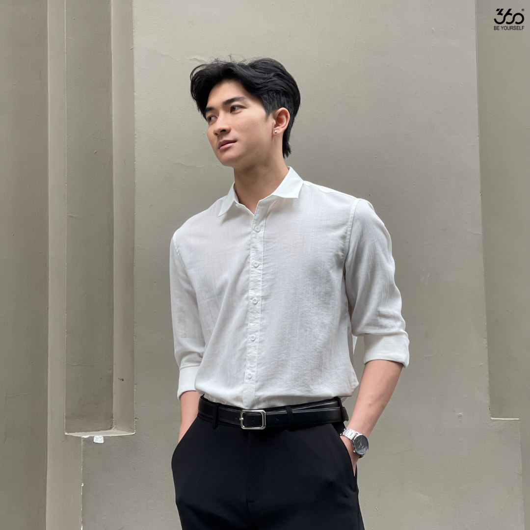 Mô tả Áo sơ mi nam dài tay cổ bẻ đũi xước 360 Boutique áo công sở đẹp đi học đi làm màu trắng đen trơn form rộng - STDOL429 - 1
