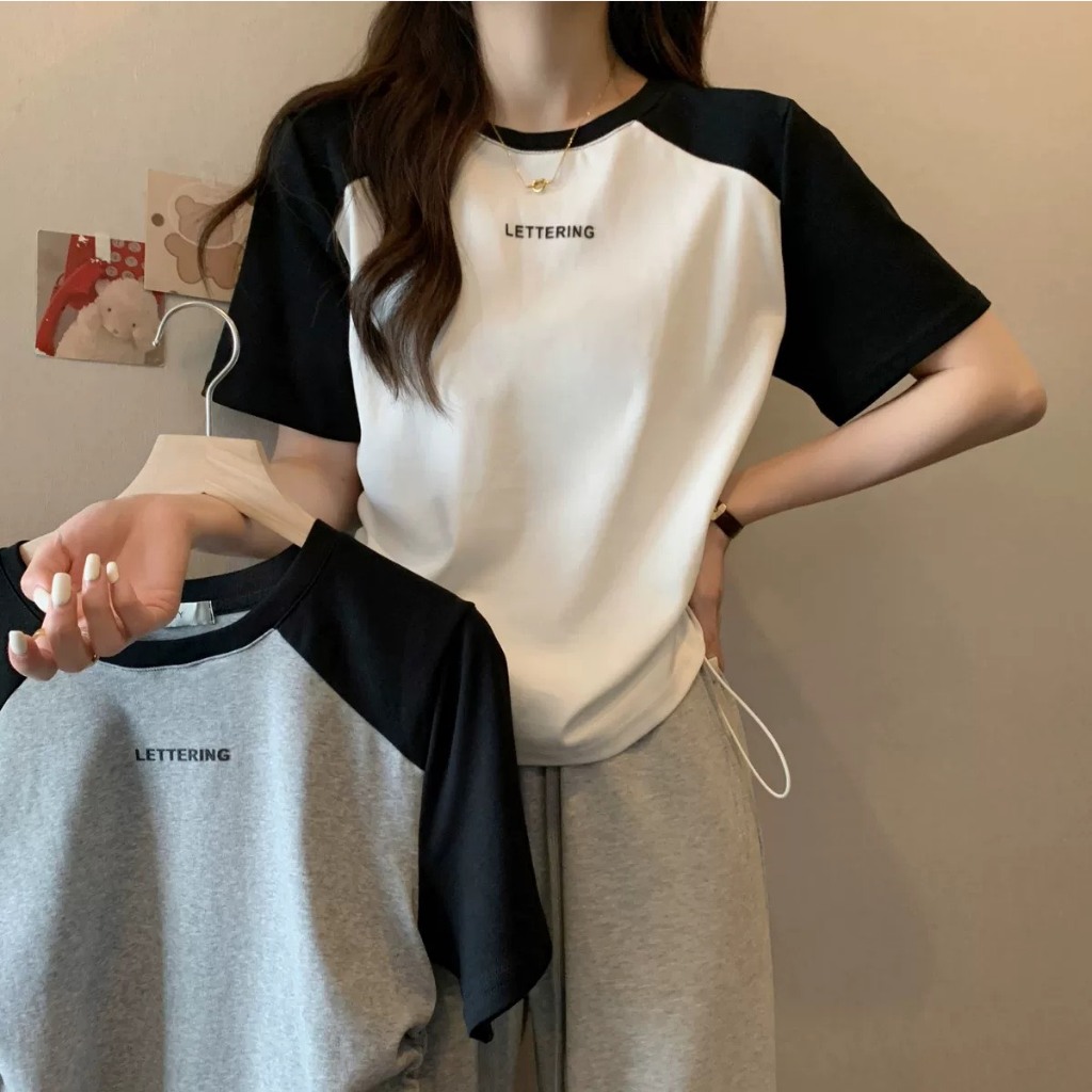 Áo croptop rút sườn LETTERING dáng tay raplang, áo thun tăm nữ cổ tròn ...
