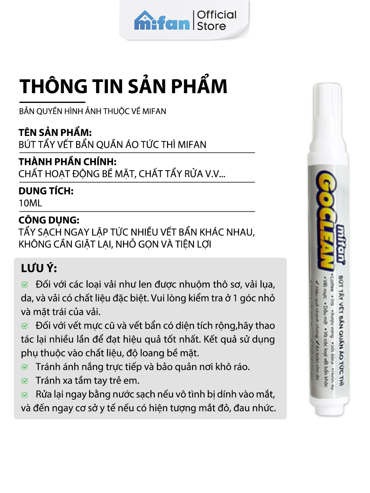 Mô tả Bút Tẩy Vết Bẩn Quần Áo Tức Thì Mifan GOCLEAN 10ml - Không cần giặt, làm sạch nhanh, tiện lợi, an toàn cho mọi loại vải - 8