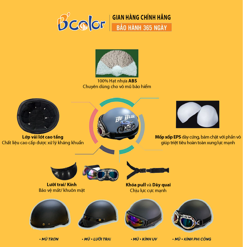 Mô tả Mũ Bảo Hiểm Nửa Đầu Màu Trơn Kèm Kính Thời Trang Chính Hãng B'COLOR - 1