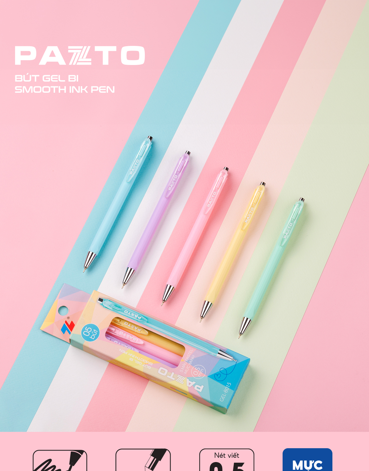 Mô tả Hộp 5 Bút gel bi Pazto Thiên Long Smooth Ink Pen ngòi 0.5mm - Mực xanh viết trơn êm, thân bút 5 màu tone pastel GEL-B015 - 1