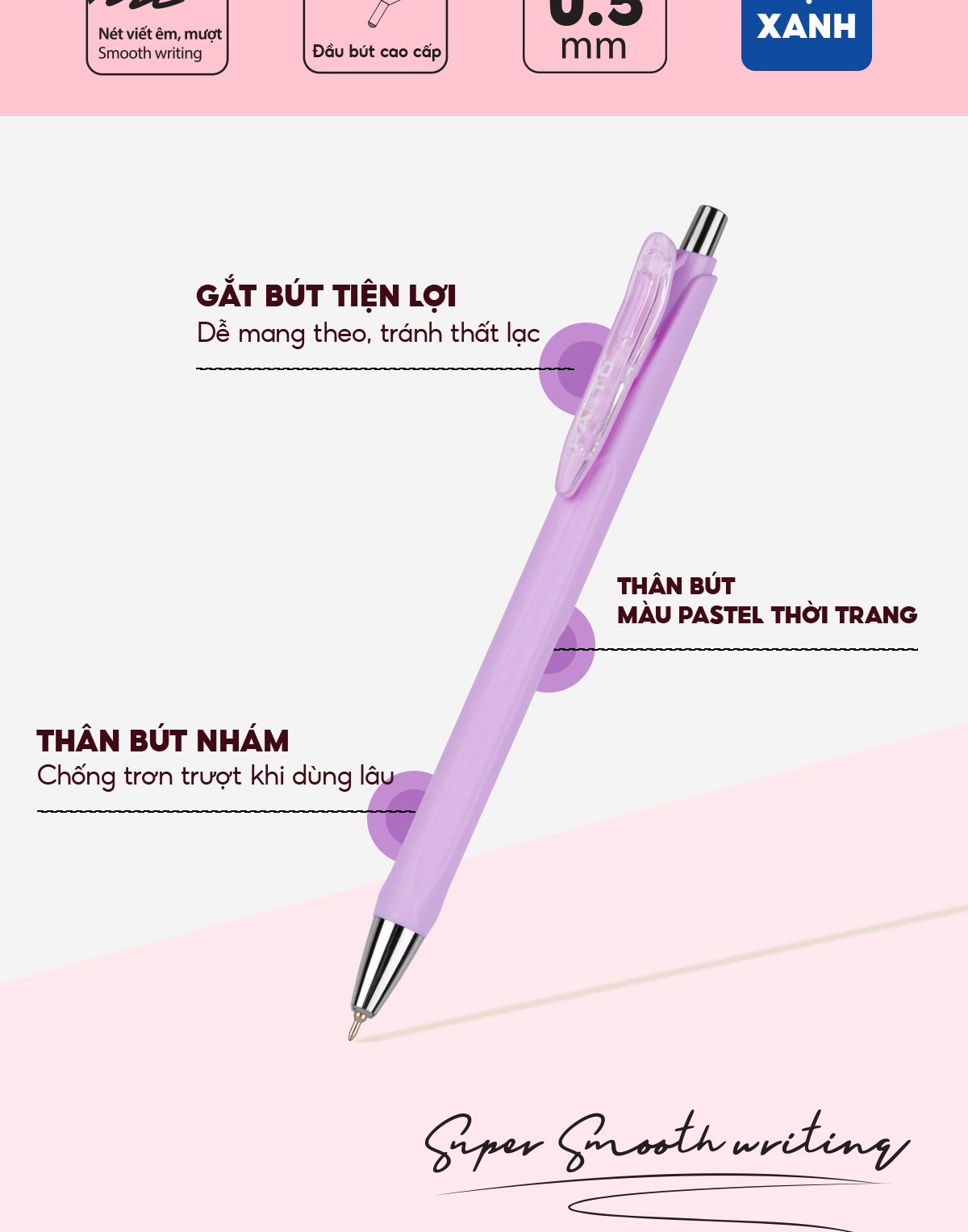 Mô tả Hộp 5 Bút gel bi Pazto Thiên Long Smooth Ink Pen ngòi 0.5mm - Mực xanh viết trơn êm, thân bút 5 màu tone pastel GEL-B015 - 2