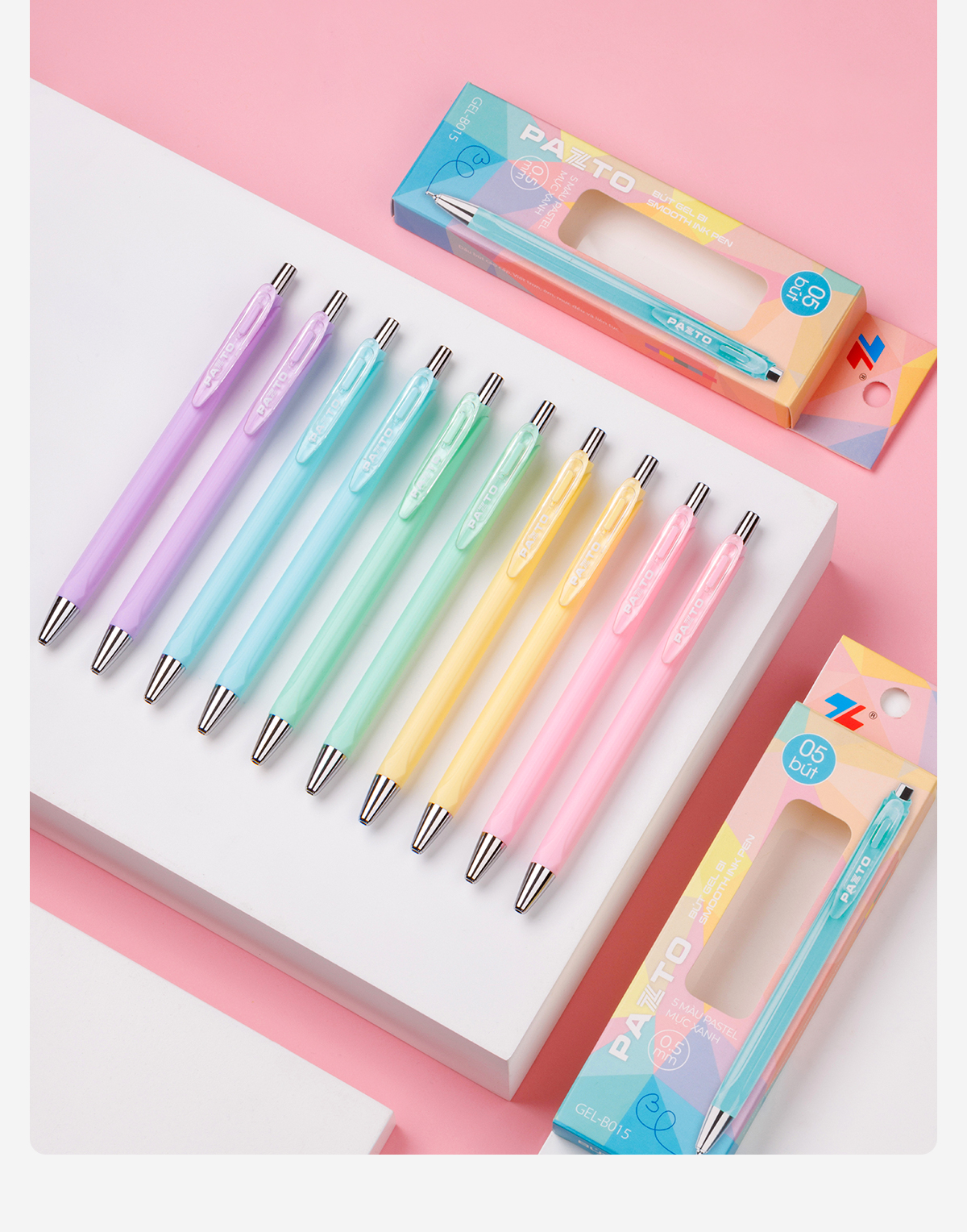 Mô tả Hộp 5 Bút gel bi Pazto Thiên Long Smooth Ink Pen ngòi 0.5mm - Mực xanh viết trơn êm, thân bút 5 màu tone pastel GEL-B015 - 4