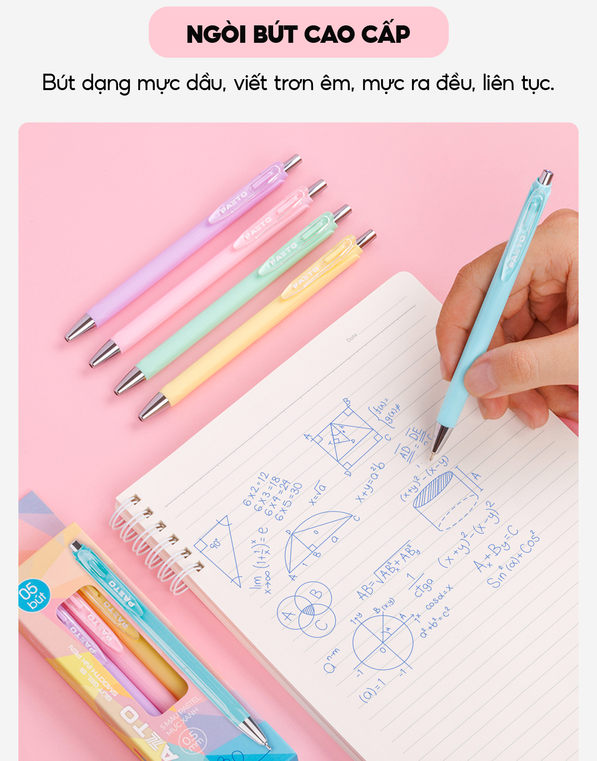 Mô tả Hộp 5 Bút gel bi Pazto Thiên Long Smooth Ink Pen ngòi 0.5mm - Mực xanh viết trơn êm, thân bút 5 màu tone pastel GEL-B015 - 5