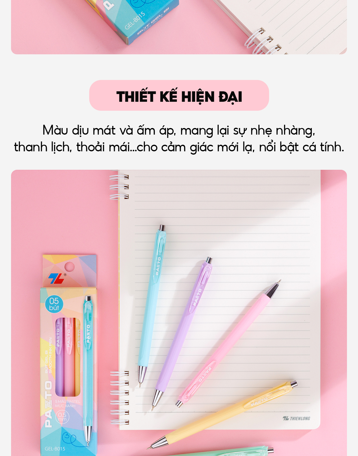 Mô tả Hộp 5 Bút gel bi Pazto Thiên Long Smooth Ink Pen ngòi 0.5mm - Mực xanh viết trơn êm, thân bút 5 màu tone pastel GEL-B015 - 6