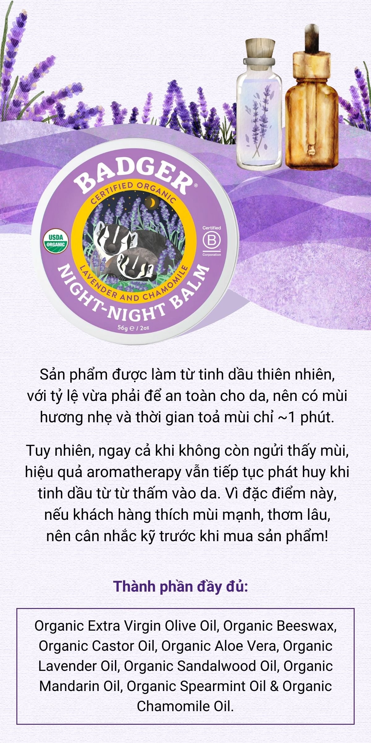 Mô tả Sáp dầu hữu cơ ngủ ngon BADGER Night Night organic balm giúp dễ ngủ an toàn cho em bé trẻ sơ sinh từ 6 tháng - 21g - 3