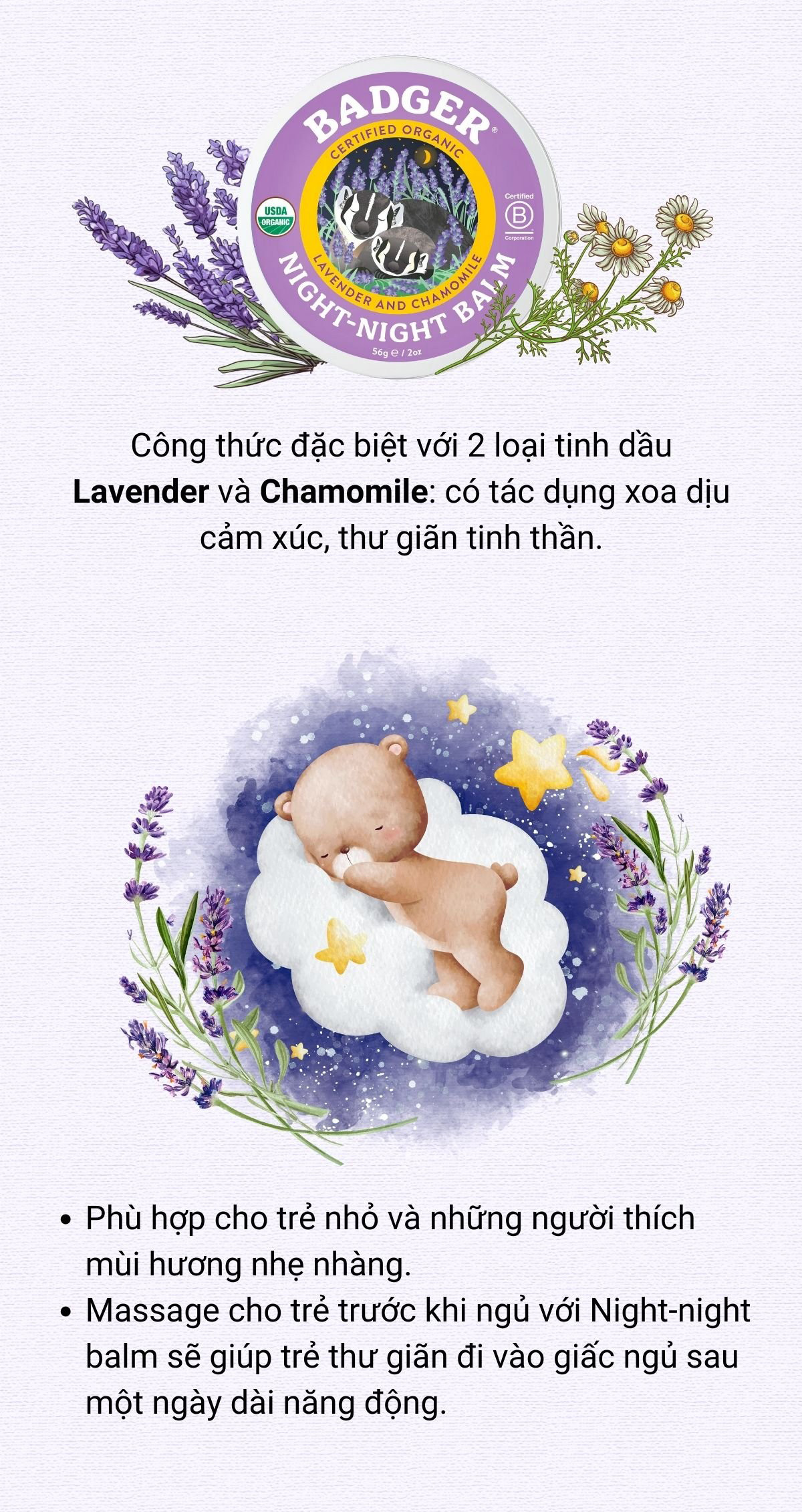 Mô tả Sáp dầu hữu cơ ngủ ngon BADGER Night Night organic balm giúp dễ ngủ an toàn cho em bé trẻ sơ sinh từ 6 tháng - 21g - 2