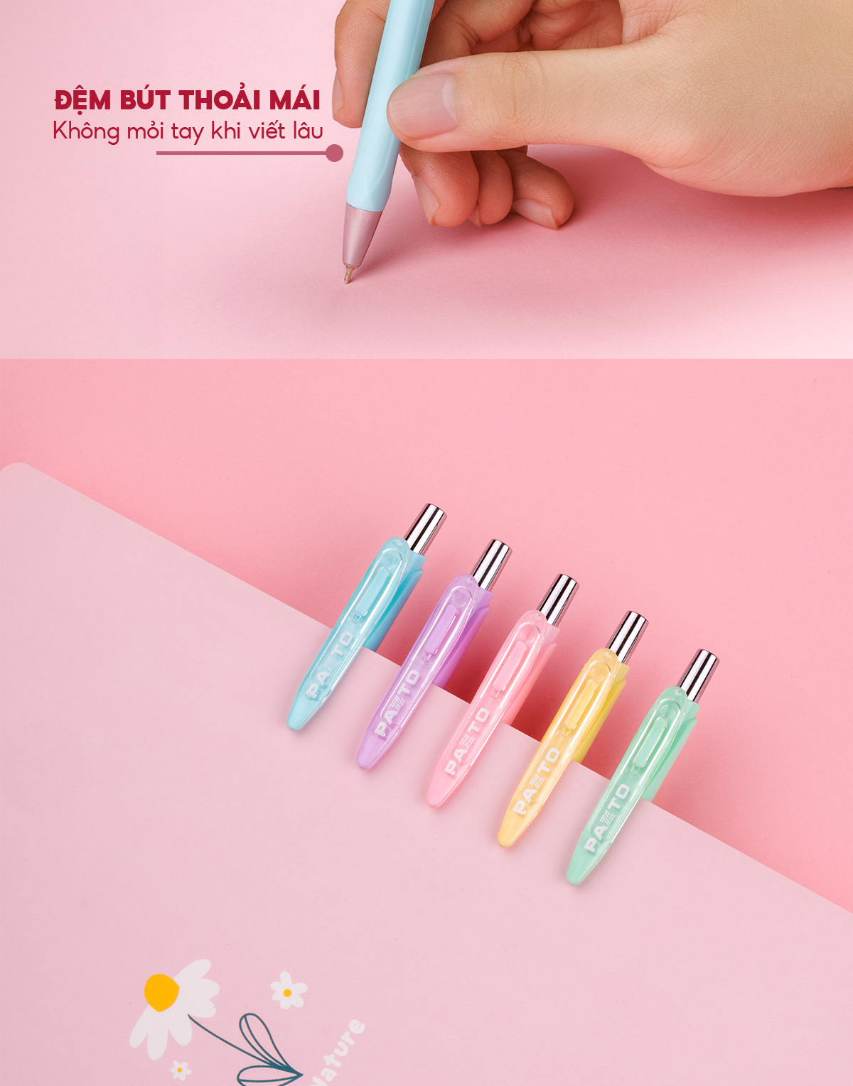 Mô tả Hộp 5 Bút gel bi Pazto Thiên Long Smooth Ink Pen ngòi 0.5mm - Mực xanh viết trơn êm, thân bút 5 màu tone pastel GEL-B015 - 11