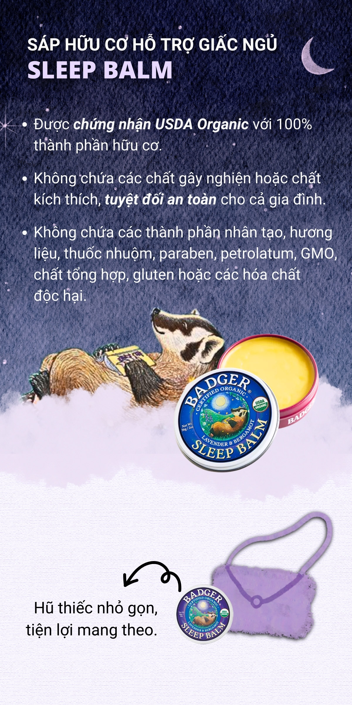 Mô tả Sáp dầu hữu cơ giúp ngủ ngon BADGER Sleep Balm organic giúp dễ ngủ an toàn cho người lớn và trẻ em - 21g 56g - 1