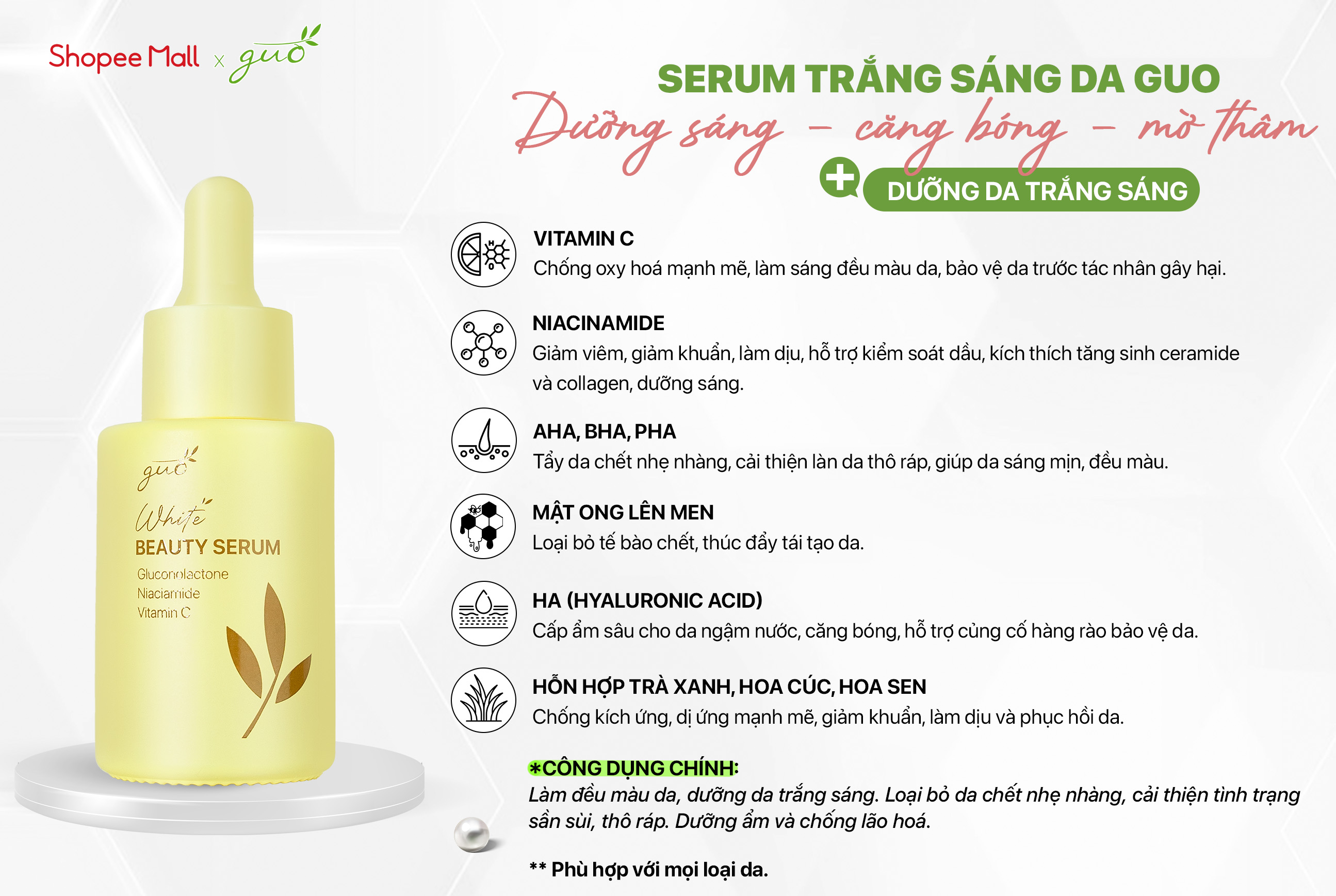 Mô tả Serum dưỡng trắng sáng, mờ thâm nám, ngăn ngừa mụn AHA, BHA, PHA, Vitamin C, Niacinamide GUO 30ml - 1