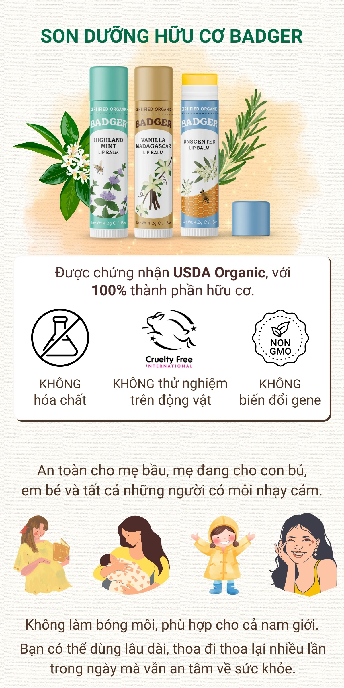 Mô tả Son dưỡng môi hữu cơ BADGER Lip Balm USDA Organic - 4.2g - 1
