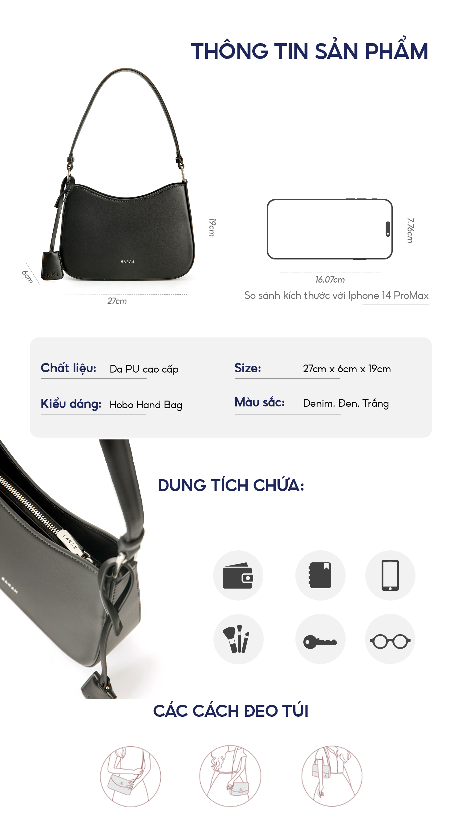 Mô tả Túi Xách Nữ Đeo Vai Aura Hobo Quai Ngắn Sz 24 HAPAS - TDV23059 - 2