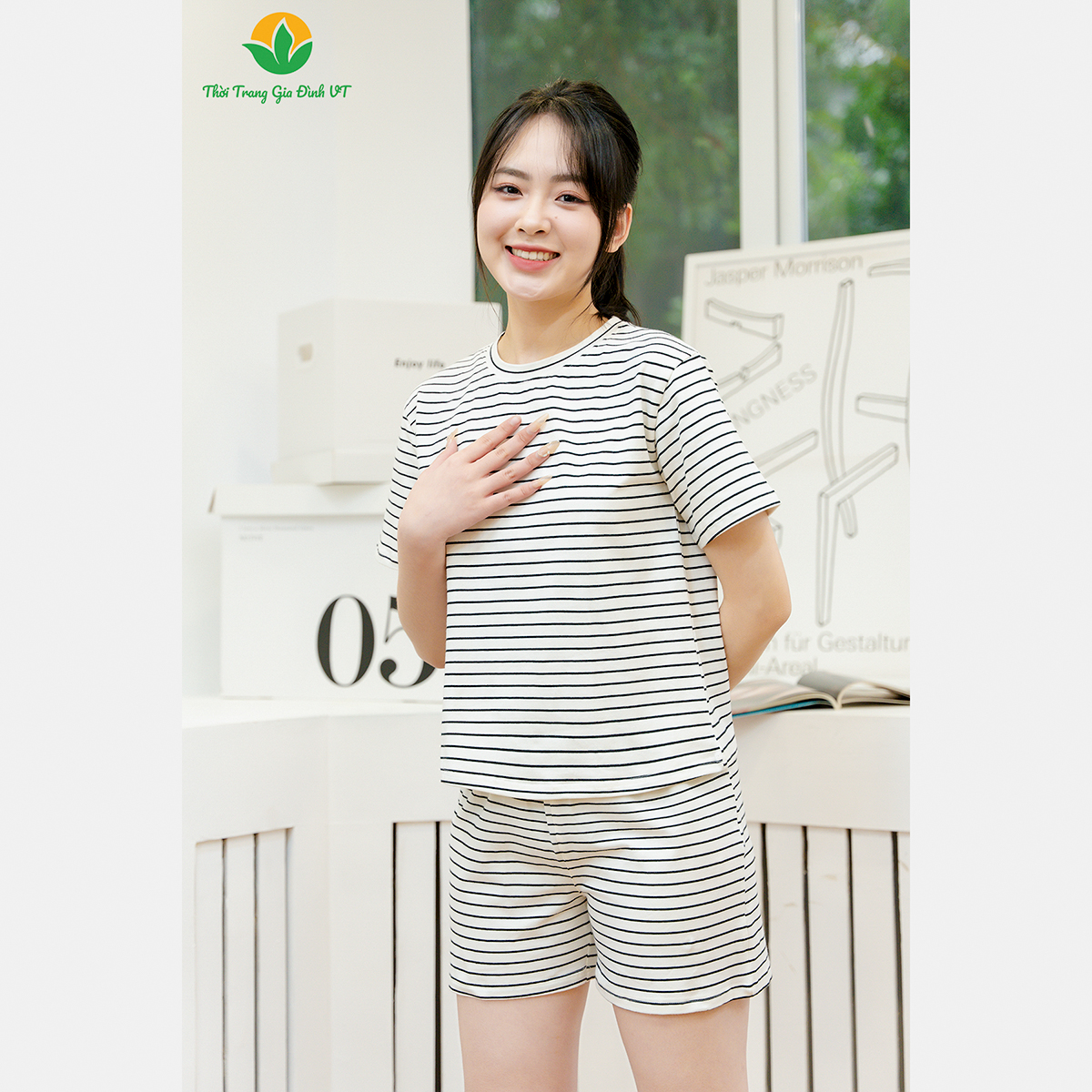 Mô tả Bộ đùi nữ chất cotton thời trang Việt Thắng áo cộc tay quần đùi kẻ sọc - B43.2407 - 7