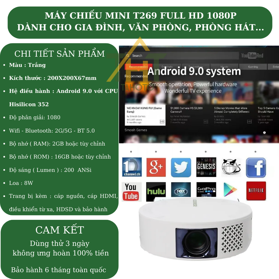 Máy chiếu mini T269 TAHOTO Full HD Kết Nối Xem Youtube, NetFlix, Tiktok ...