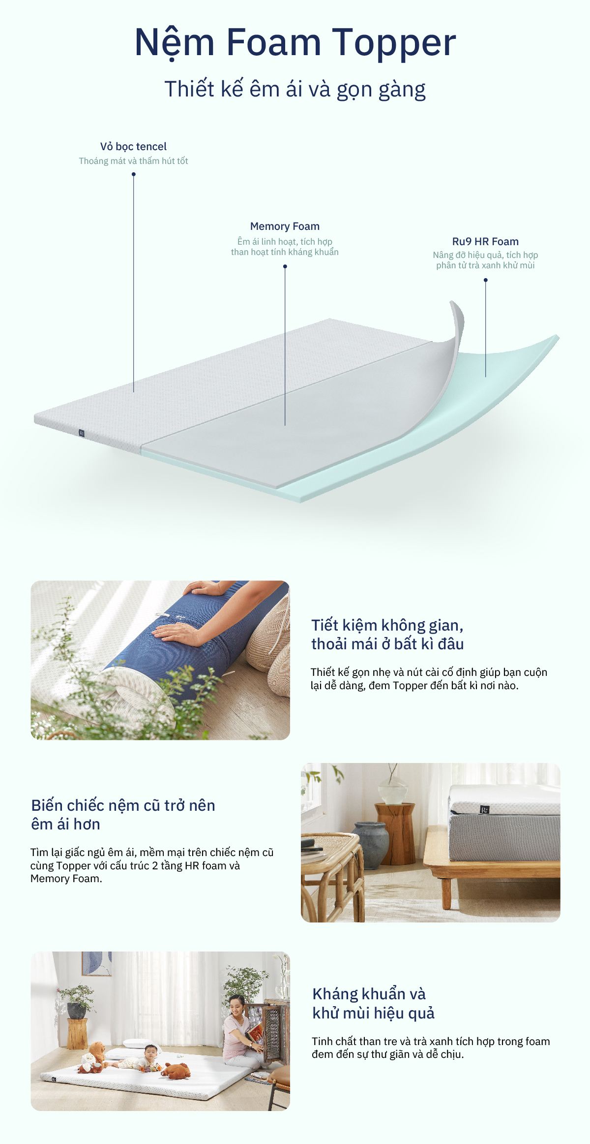 Mô tả Nệm Cuộn Trải Sàn Cao Cấp (Foam Topper) Ru9 | Thoải Mái Mọi Nơi | Lớp Foam Nâng Đỡ | 7 Kích Thước - 2