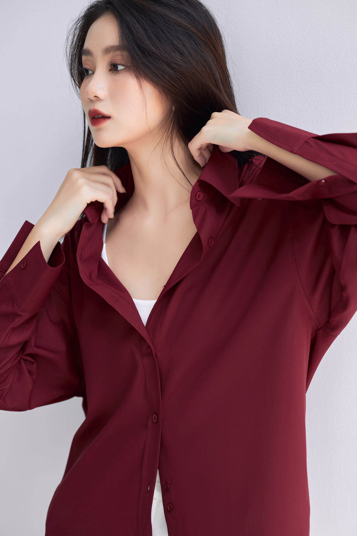 Sơ mi nữ Đỏ Đô dáng rộng GILLEE