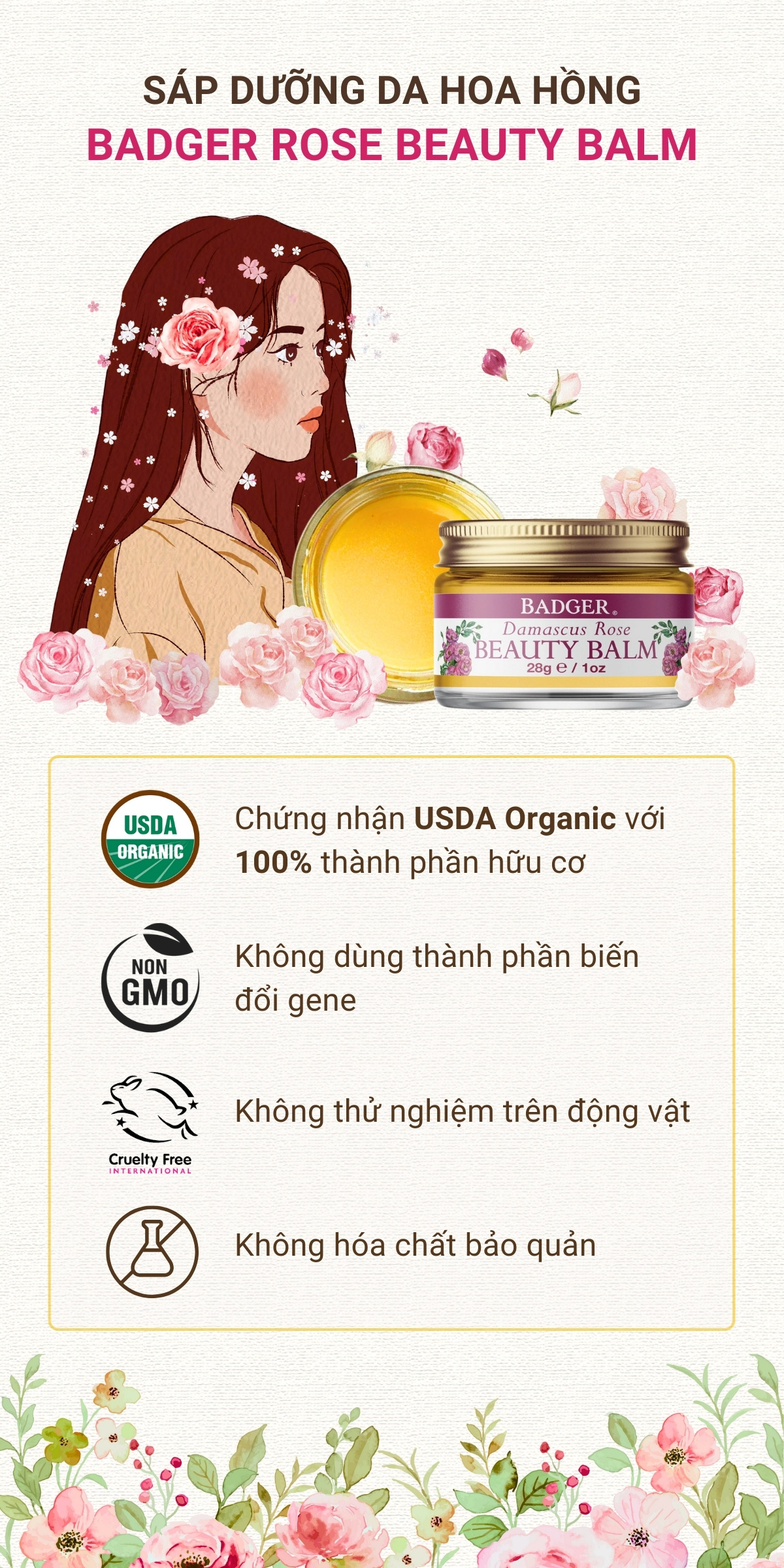 Mô tả Sáp dưỡng da hoa hồng hữu cơ BADGER Rose organic beauty balm - Dưỡng ẩm sâu cho da khô và da lão hóa - 28g - 1