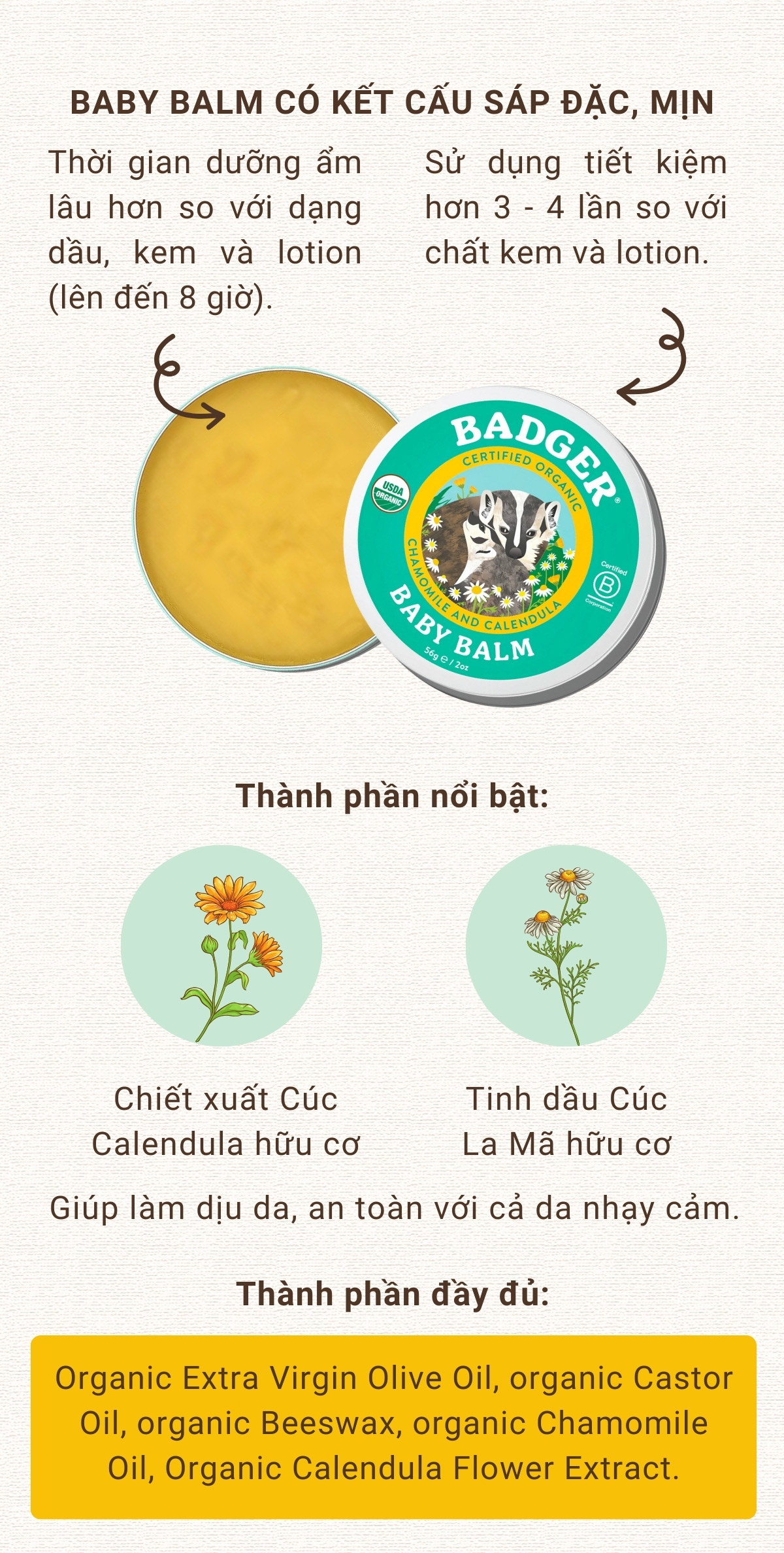 Mô tả Sáp dầu hữu cơ dưỡng da em bé BADGER Baby organic balm dưỡng ẩm cho da khô, ngừa hăm an toàn cho trẻ sơ sinh – 21g 56g - 2