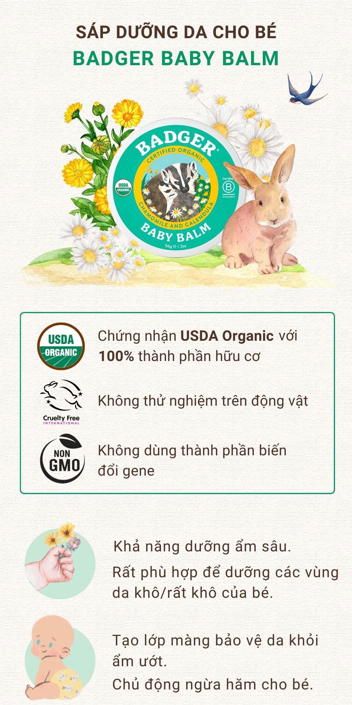 Mô tả Sáp dầu hữu cơ dưỡng da em bé BADGER Baby organic balm dưỡng ẩm cho da khô, ngừa hăm an toàn cho trẻ sơ sinh – 21g 56g - 1