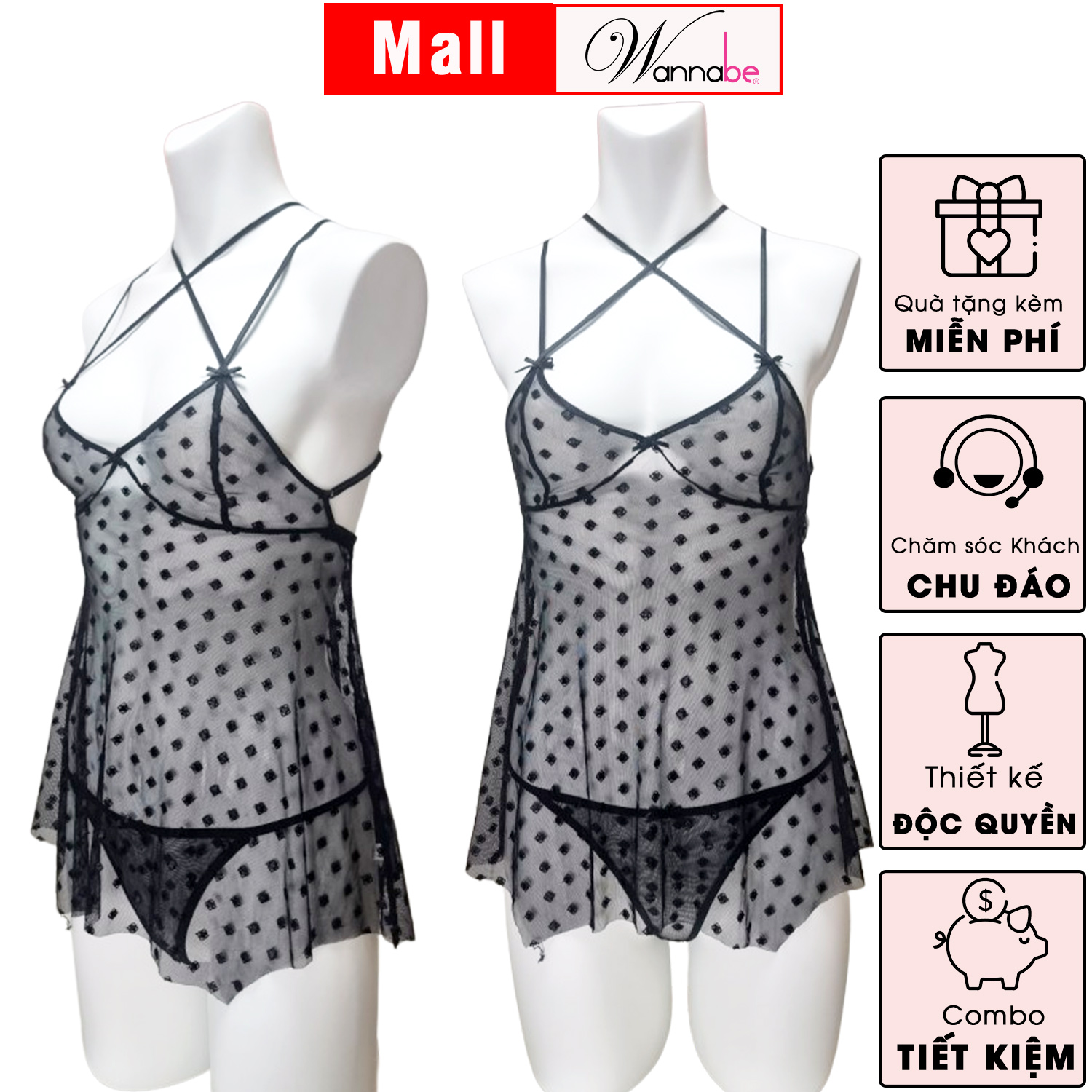 Mô tả Đầm ngủ WANNABE váy ngủ lưới trong suốt sexy tặng kèm quần đồng bộ khoe thân hình gợi cảm DNC15 - 8