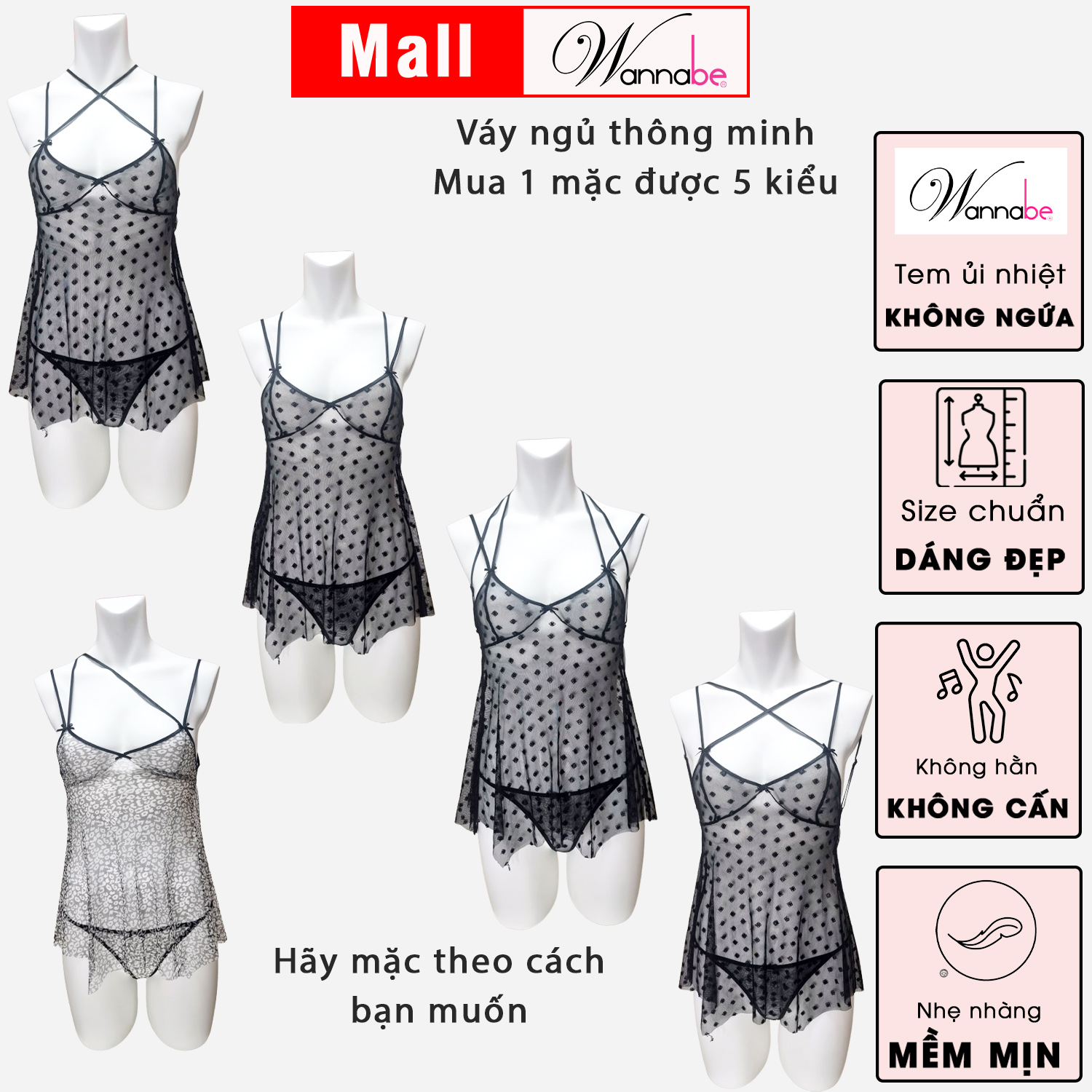 Đầm ngủ WANNABE lưới trong suốt sexy DNC15 màu đỏ