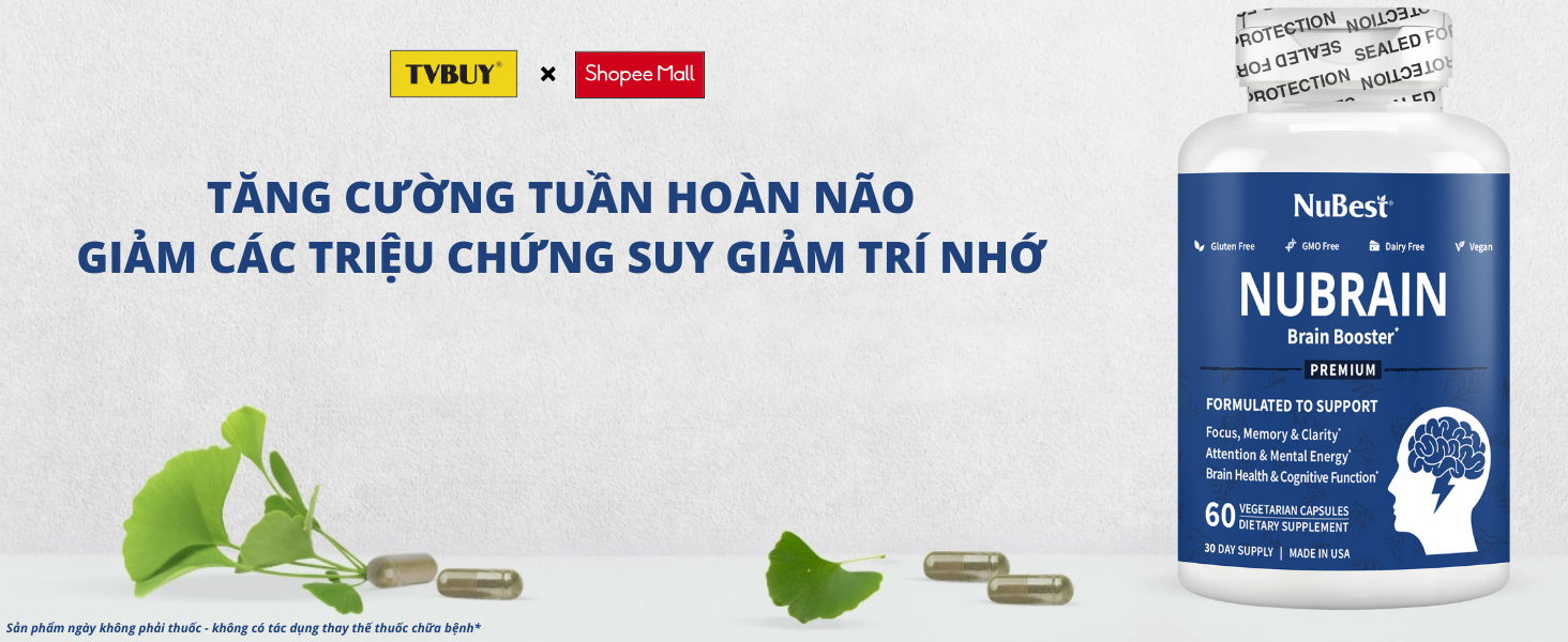 Mô tả Viên Uống Bổ Não NuBrain của Mỹ Hỗ Trợ Tăng Cường Tuần Hoàn Não với Ginkgo Biloba, Bacopa, Vitamin B6 - 60 Viên - 1