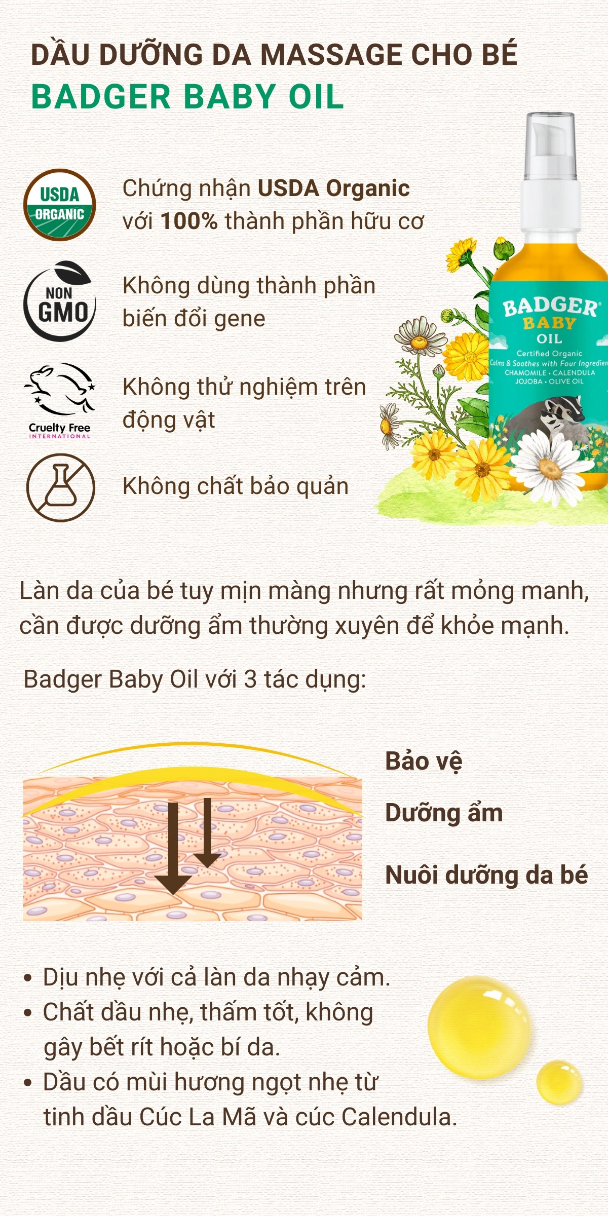 Mô tả Dầu hữu cơ dưỡng da, massage cho em bé Badger Organic Baby Oil - hạn chế khô da, giúp da ẩm mềm - 118ml - 1