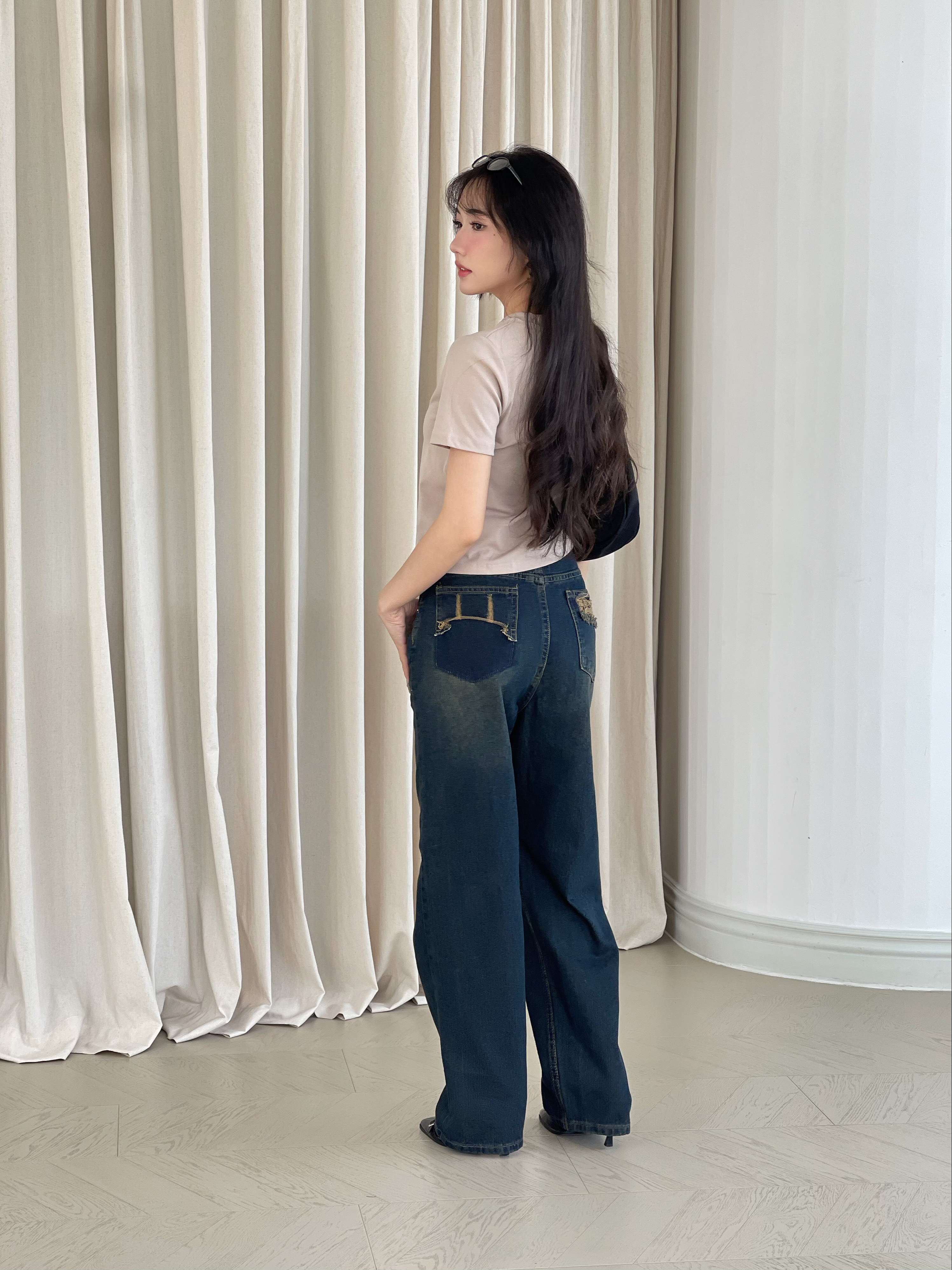 Mô tả Quần jean ống rộng denim nữ VMSTYLE cạp cao trơn túi sau rách kiểu basic đi học QJR00195 QJR00196 - 4