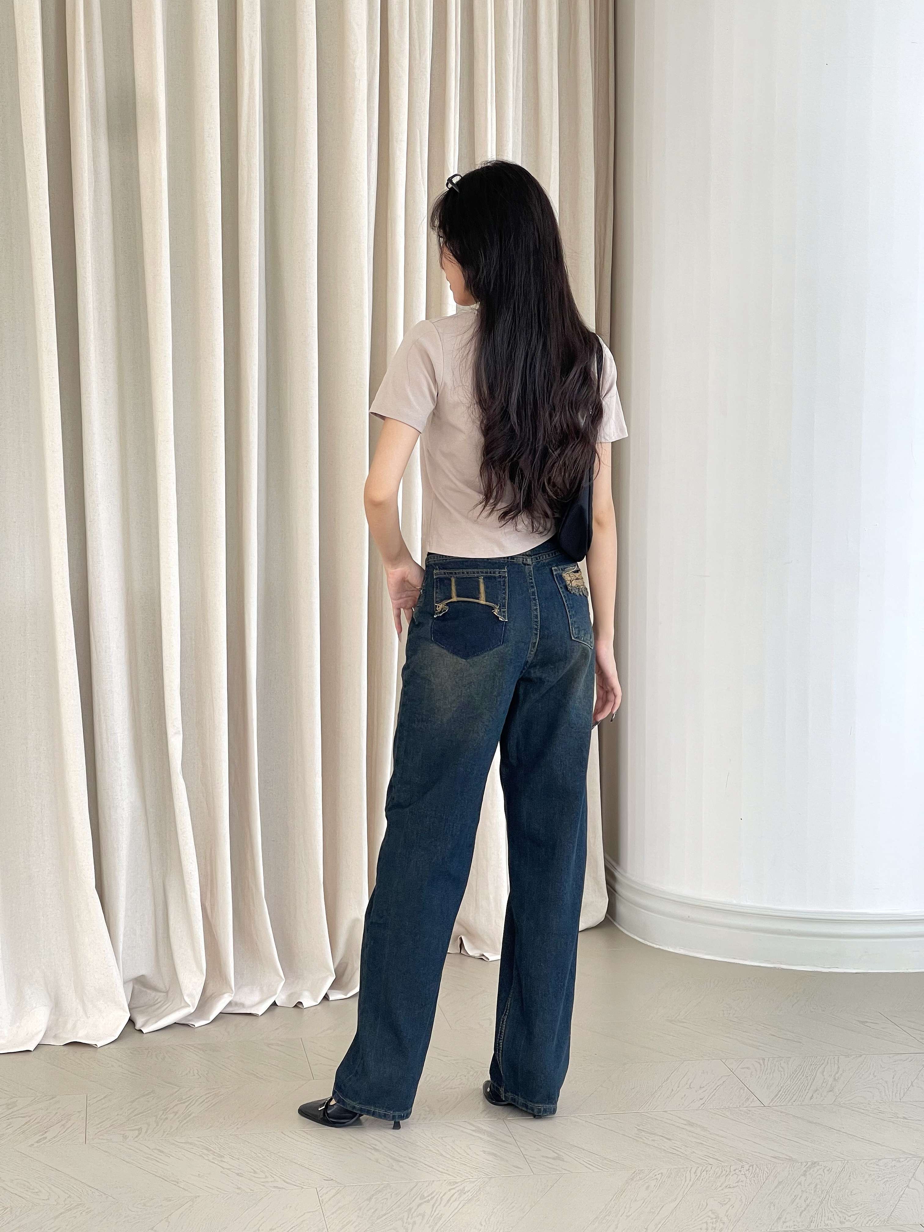 Mô tả Quần jean ống rộng denim nữ VMSTYLE cạp cao trơn túi sau rách kiểu basic đi học QJR00195 QJR00196 - 6