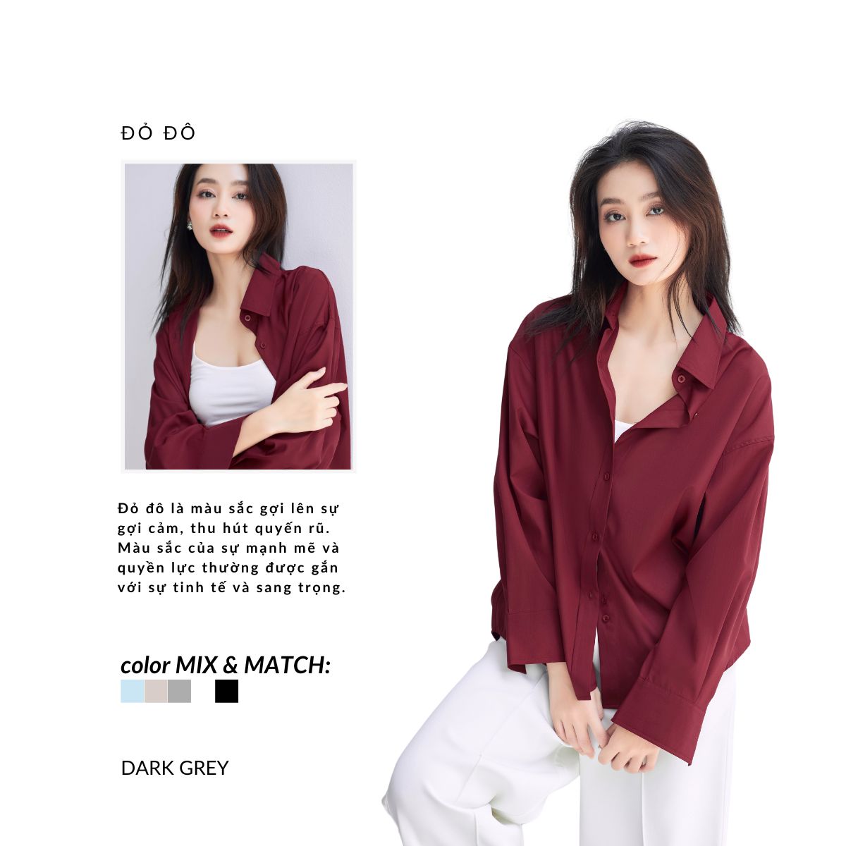 Mix đồ với áo sơ mi oversized Đỏ Đô