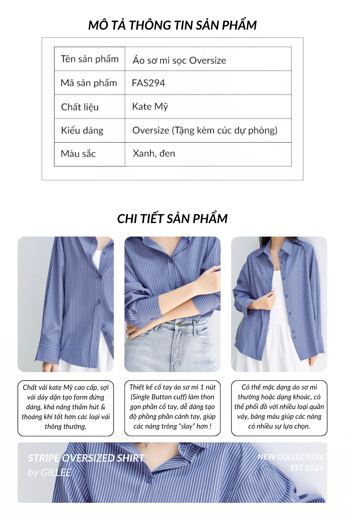 Áo sơ mi kẻ sọc nữ GILLEE oversized FAS294