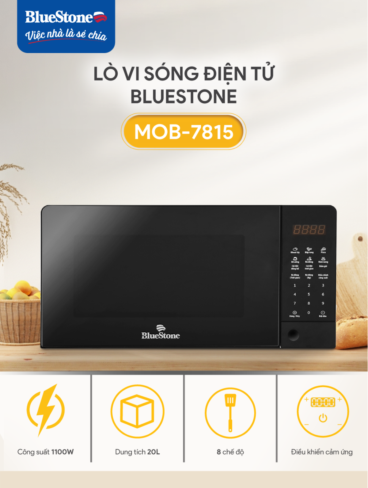 Mô tả Lò Vi Sóng Điện Tử BlueStone MOB-7815 - 20 Lít - 1100W - 1
