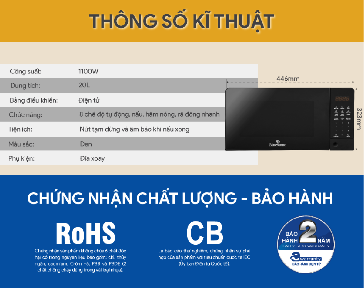 Mô tả Lò Vi Sóng Điện Tử BlueStone MOB-7815 - 20 Lít - 1100W - 5