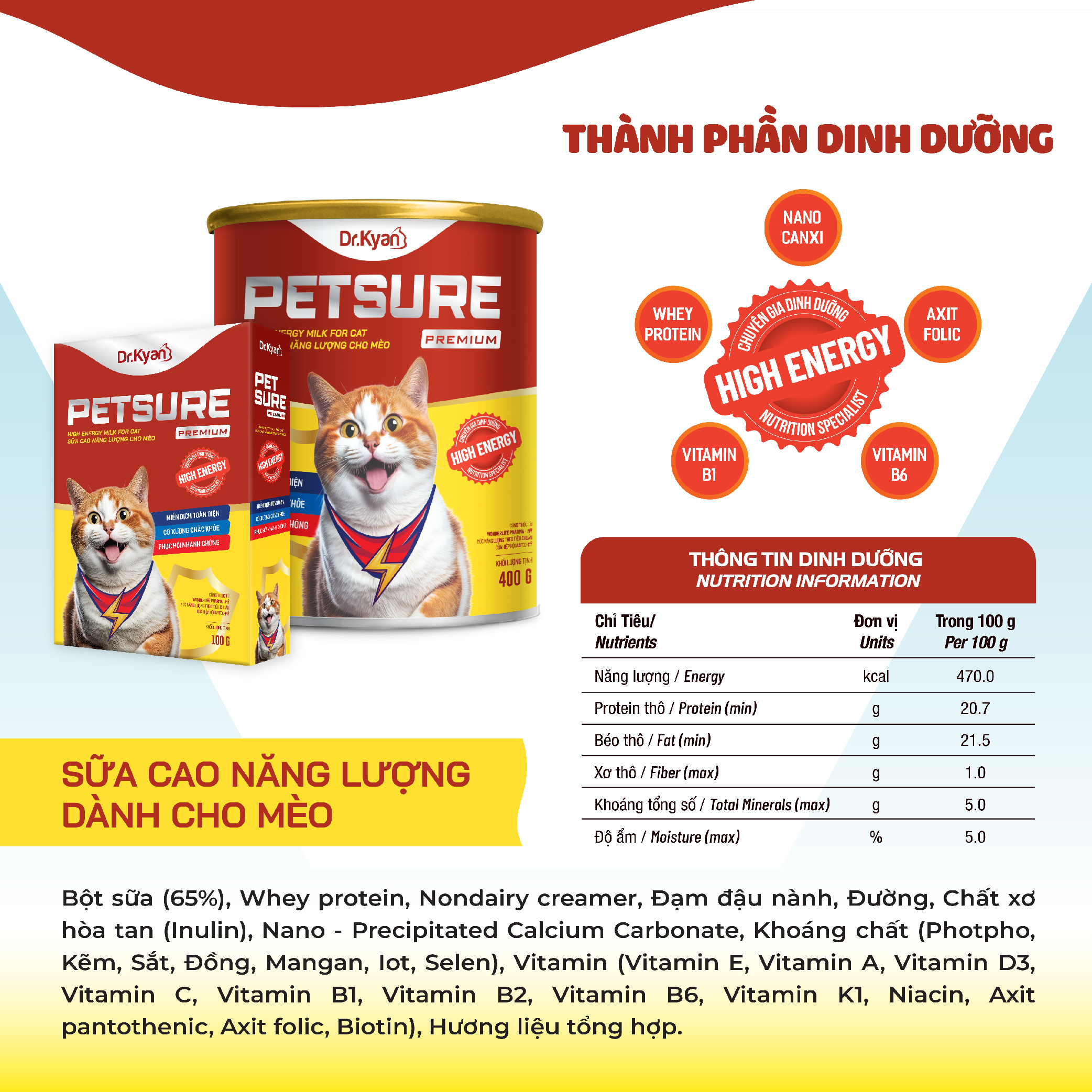 Mô tả Dr.Kyan - Sữa bột PETSURE - Cao năng lượng cho mèo lon 400g - DrKyan - 5