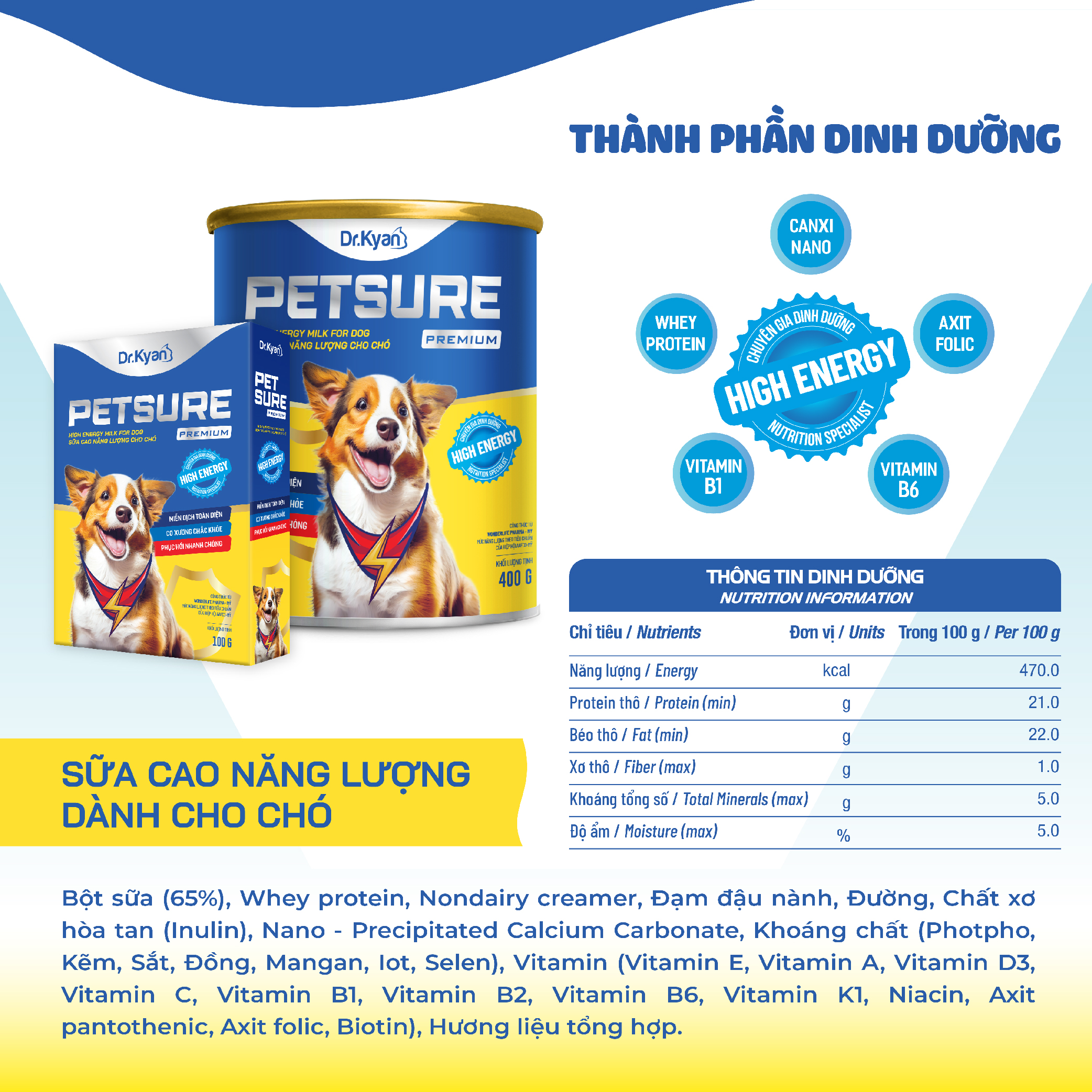 Mô tả Dr.Kyan - Sữa bột PETSURE - Cao năng lượng cho chó hộp 100g - DrKyan - 5
